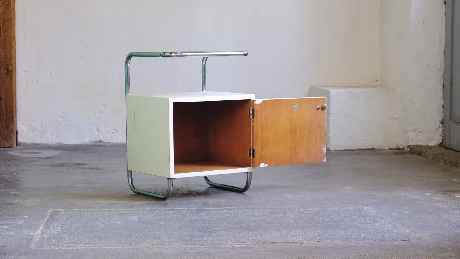 White Art Deco Tubular Steel Bedside Table With Glass Top photo vinterior