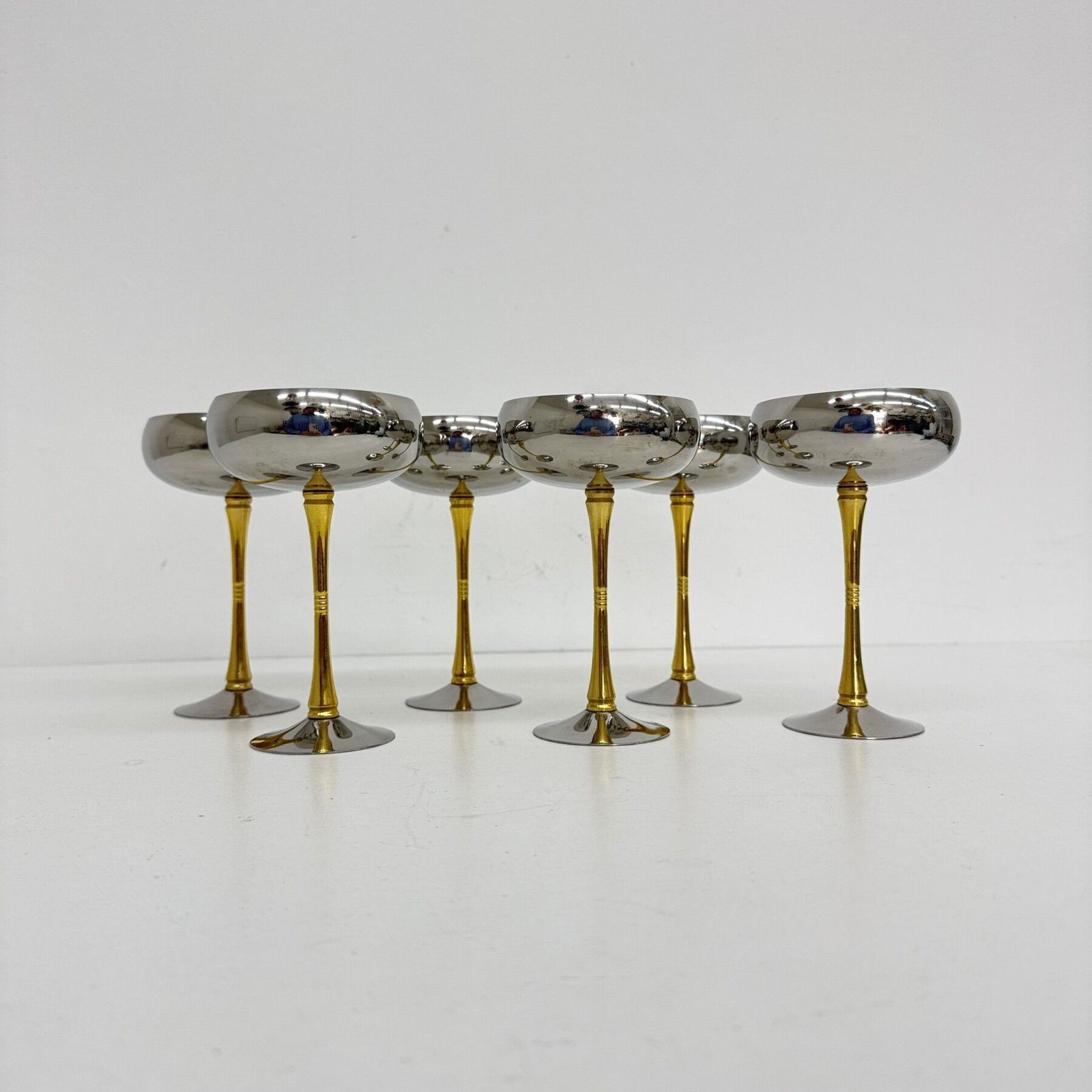 Mid Century Set Of 6 Italian Stainless Steel And Brass Champagne Coupes , 1970s photo for sale