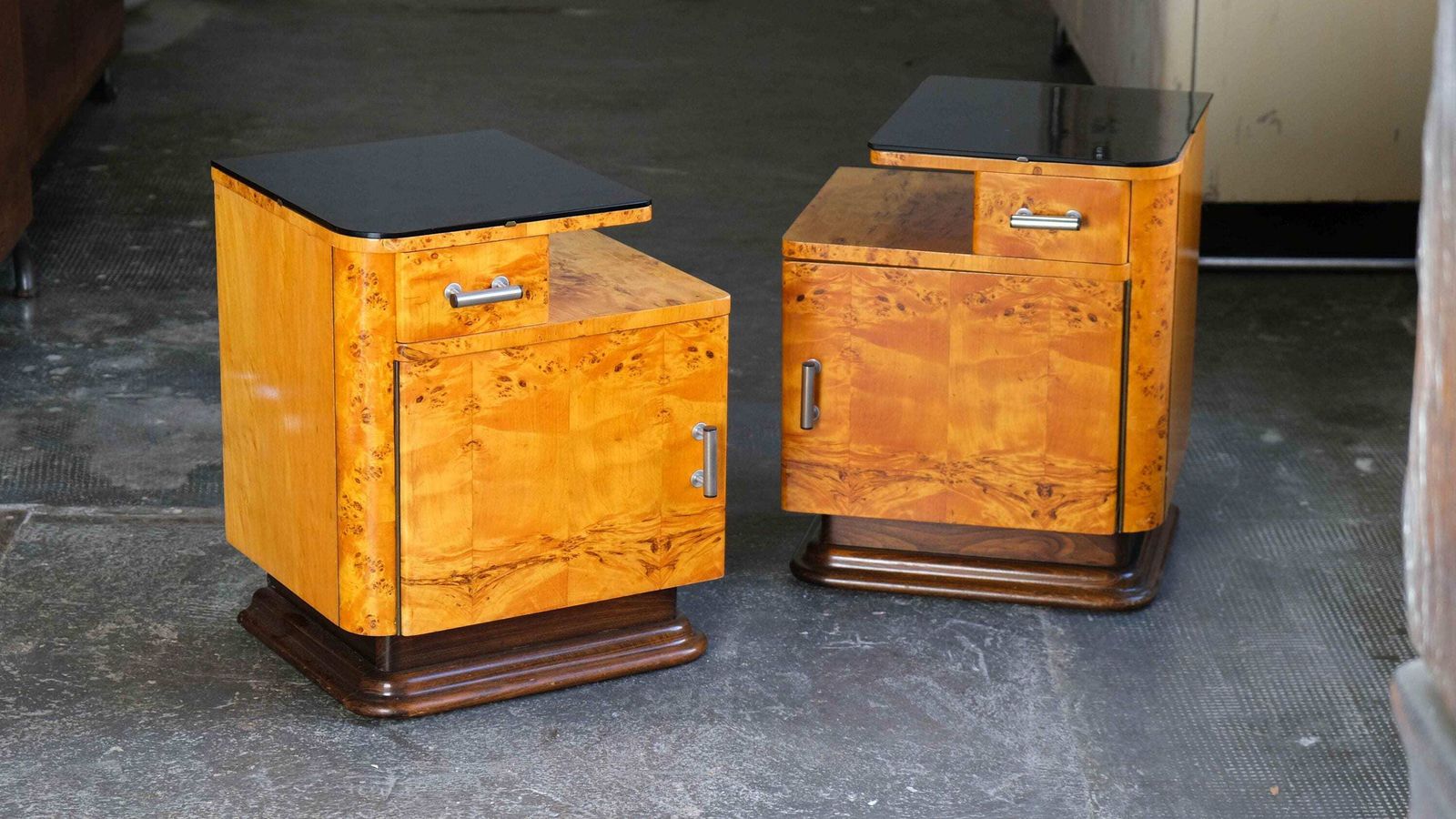 Set Of Two Art Deco Bedside Tables In Yellow Brown