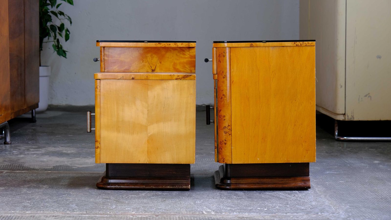 Set Of Two Art Deco Bedside Tables In Yellow Brown photo vinterior