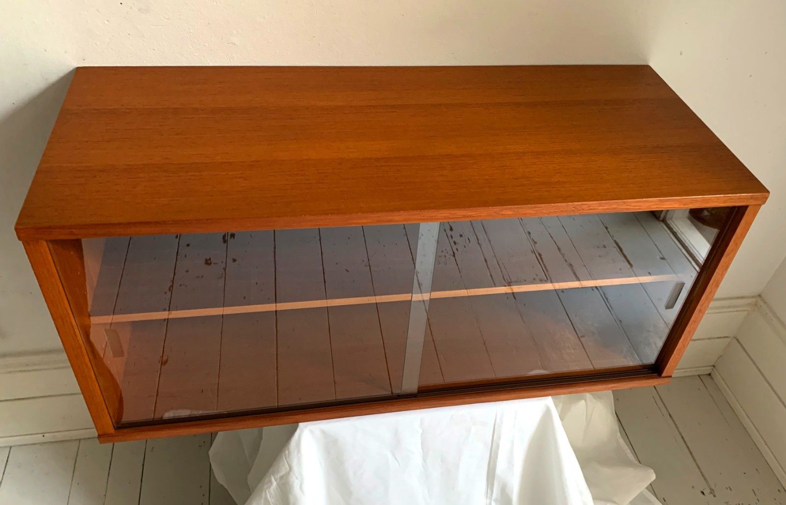 Mid Century Teak Beaver & Tapley 33 Floating Cabinet With Sliding Glass Doors photo for sale