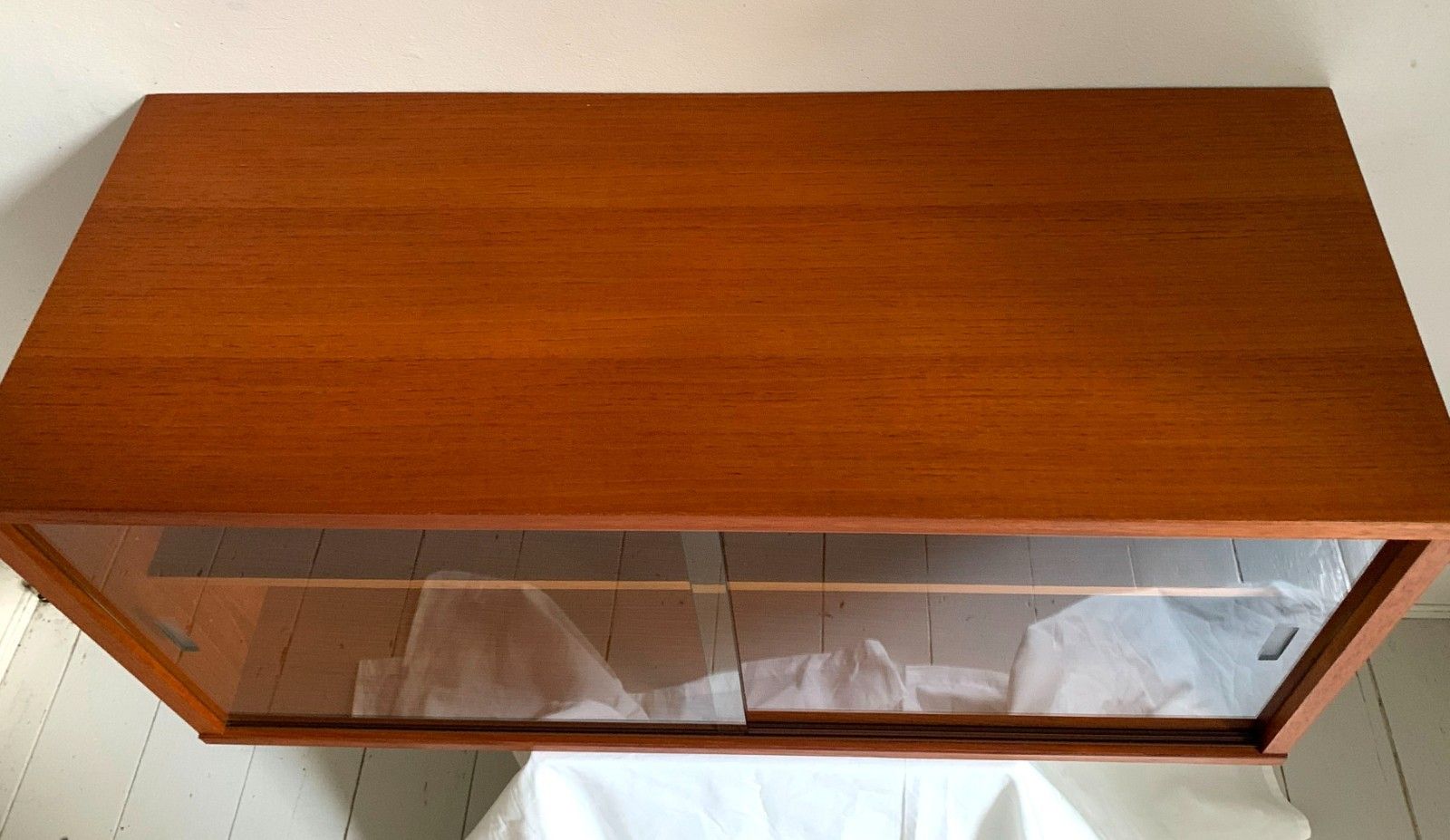 Mid Century Teak Beaver & Tapley 33 Floating Cabinet With Sliding Glass Doors photo vinterior