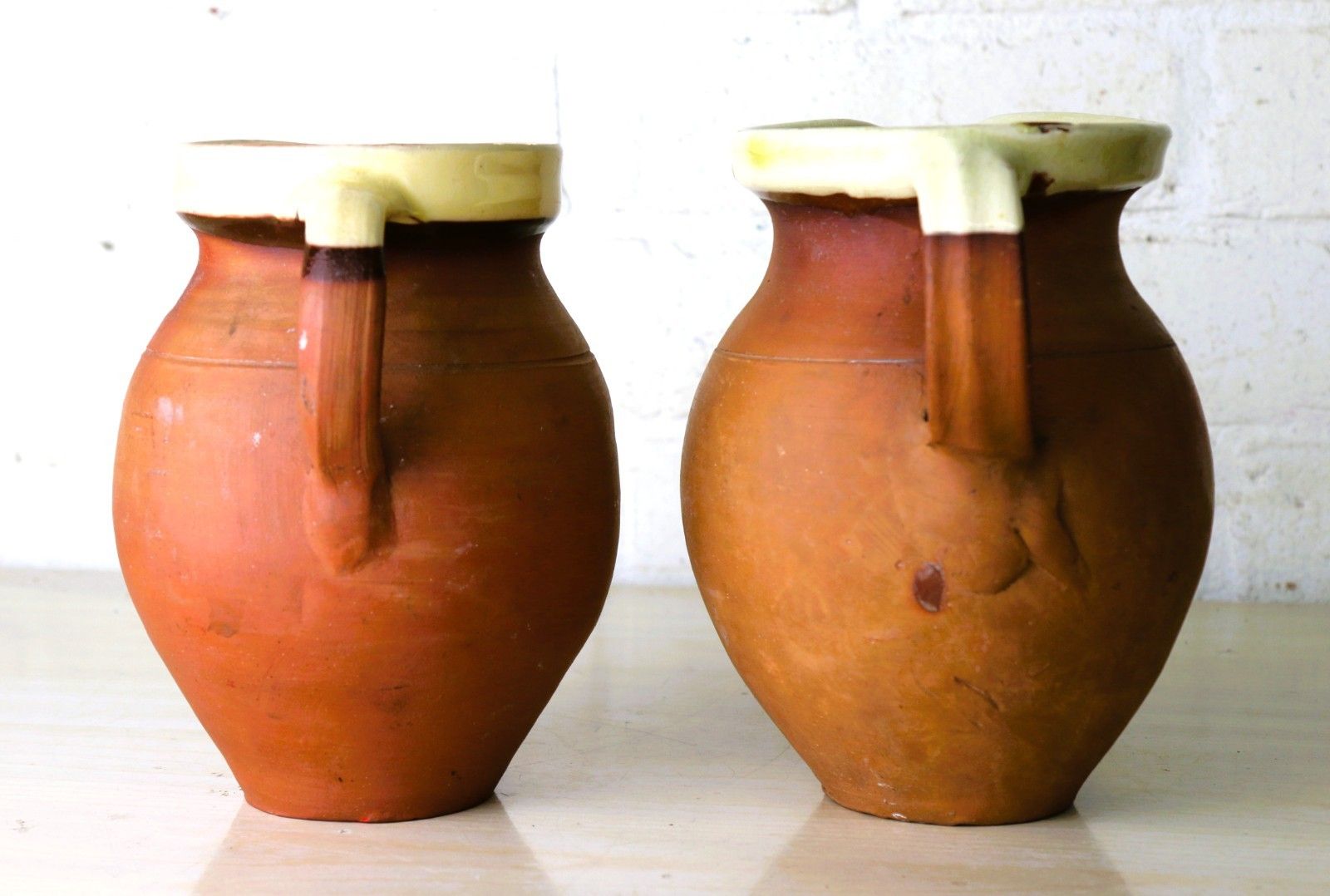 Two Antique 19th Century Jugs Terracotta Slip Glazed Internally With A Cream Rim photo Home Decor