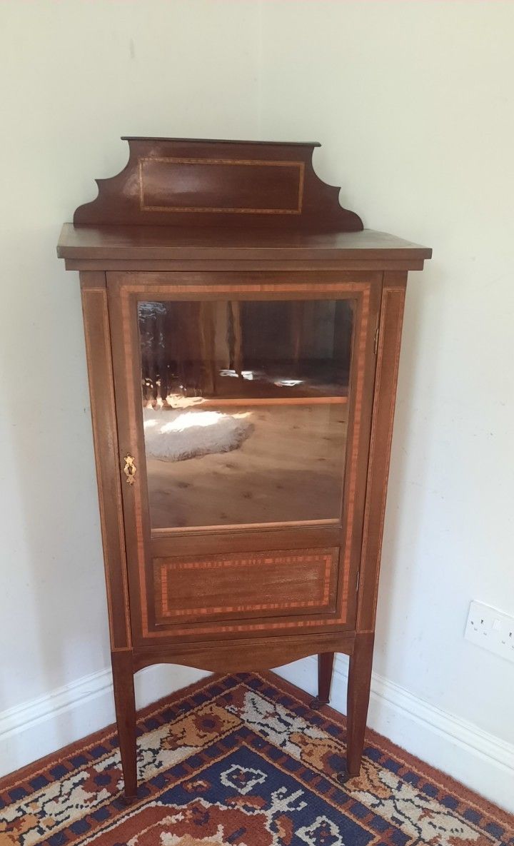 Antique Edwardian Mahogany Inlaid Glazed Display Cabinet With Key photo Furniture