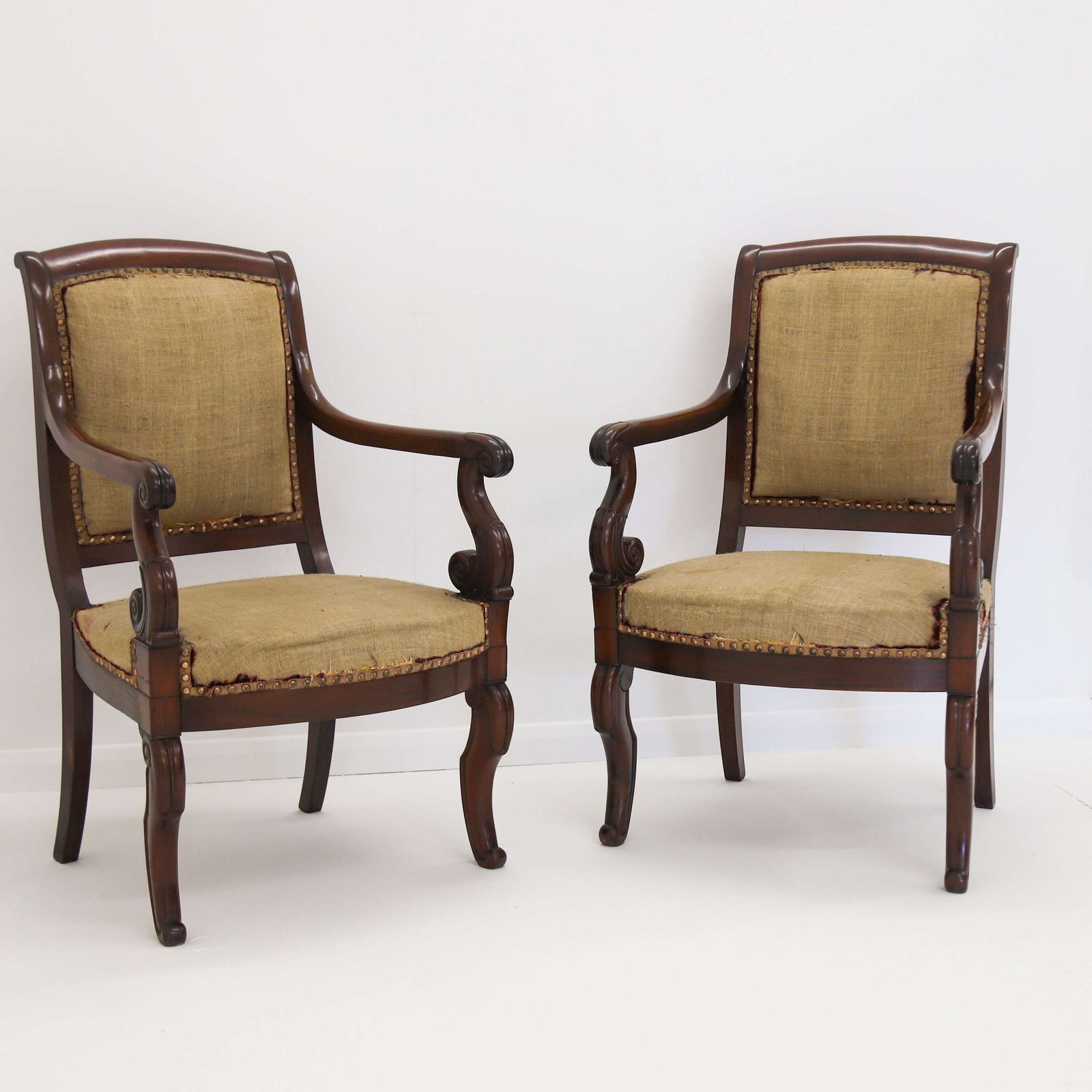 Pair Of French Mahogany Fauteuils – Early 19th Century Armchairs With Carved Scroll Arms photo for sale