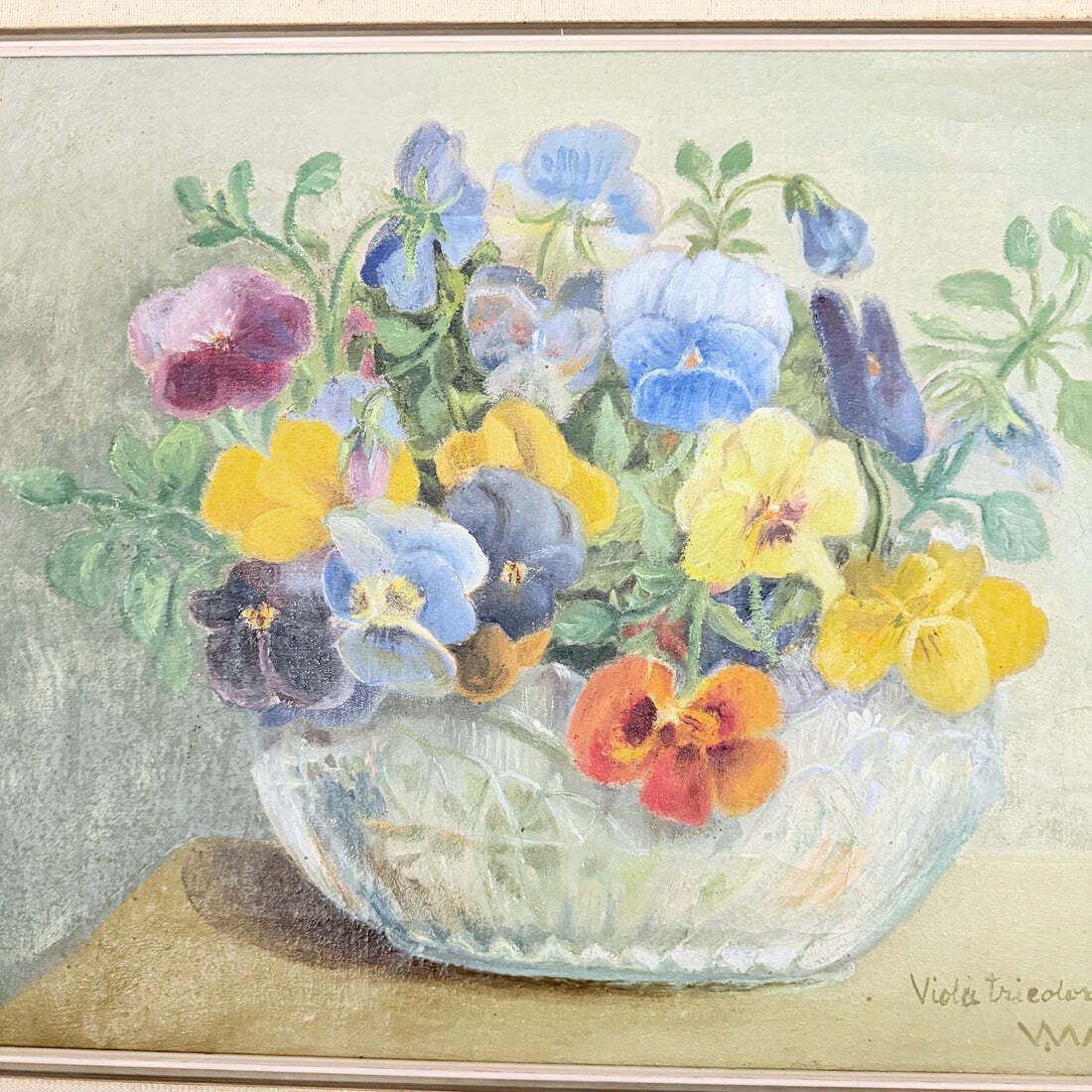 Pansies Before The Darkness 1938 Vintage Swedish Oil Painting photo furniture