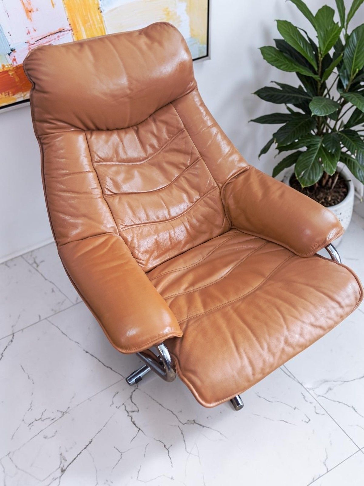 Mid Century Leather Lounge Chair Swivel & Footstool By Skoghaug Industri 1980 photo Furniture