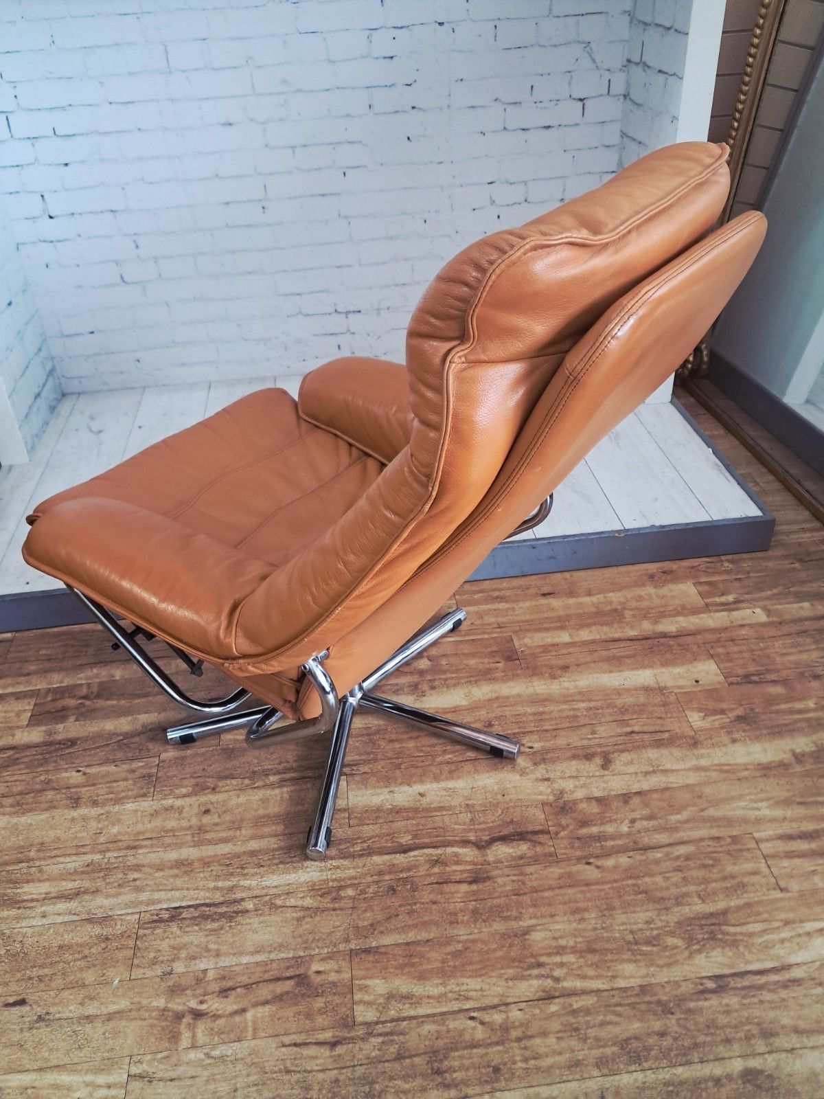 Furniture Mid Century Leather Lounge Chair Swivel & Footstool By Skoghaug Industri 1980 photo