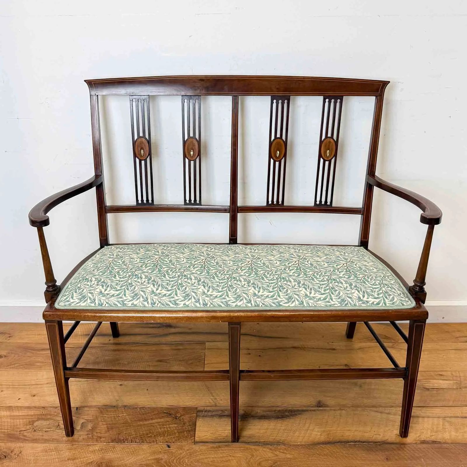 Edwardian Art Nouveau Inlaid Mahogany Settee photo furniture