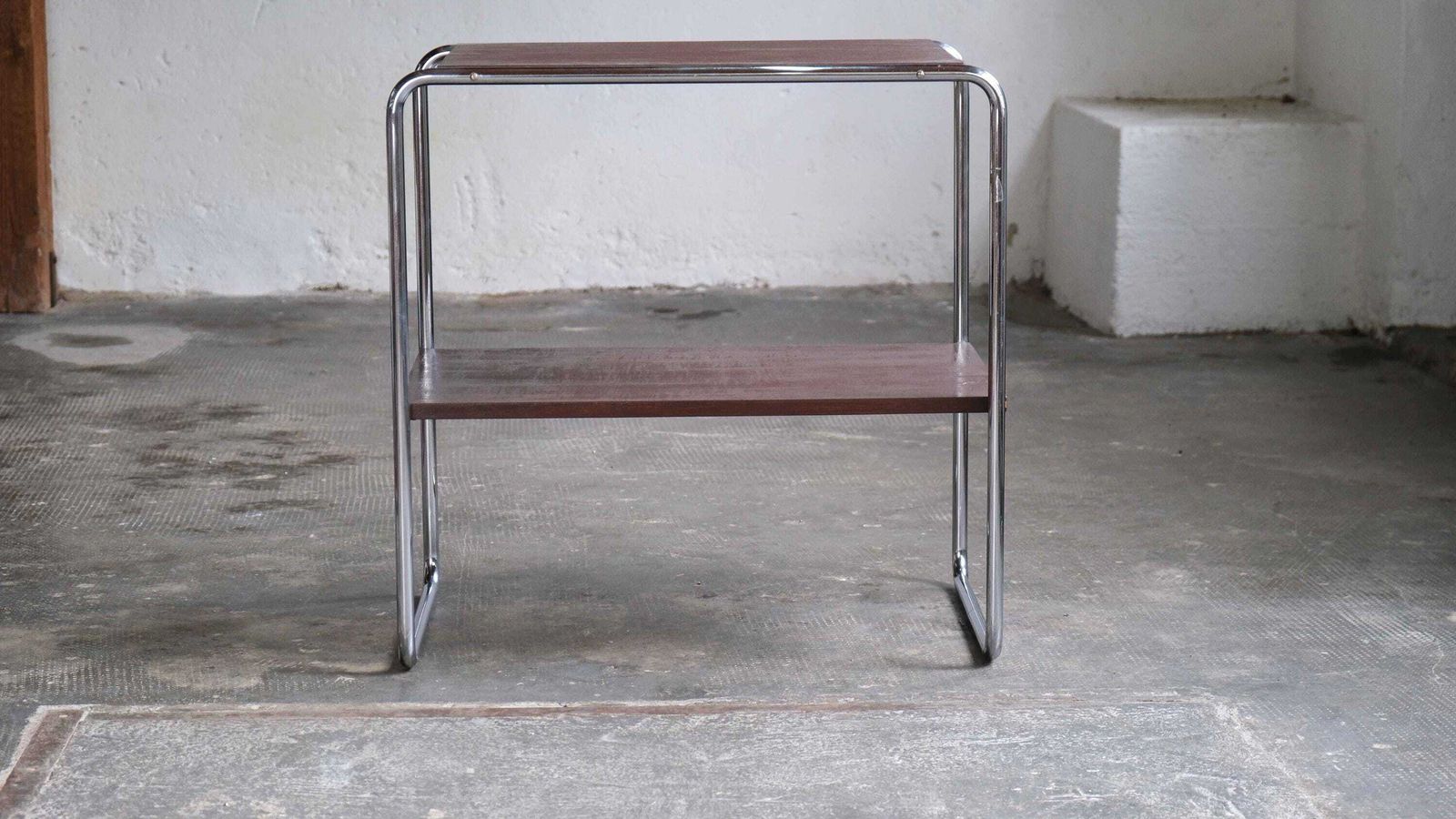Tubular Steel Side Table With Brown Wooden Shelves photo furniture