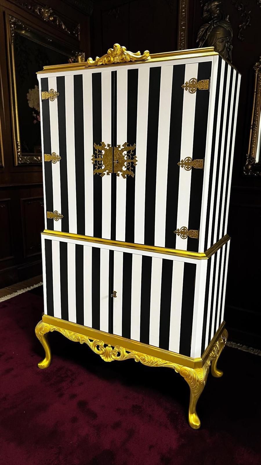 Stunning Queen Anne Style Vintage Drinks Cabinet, Hand Painted Luxury Black And White Stripe Exterior, Gold Accents