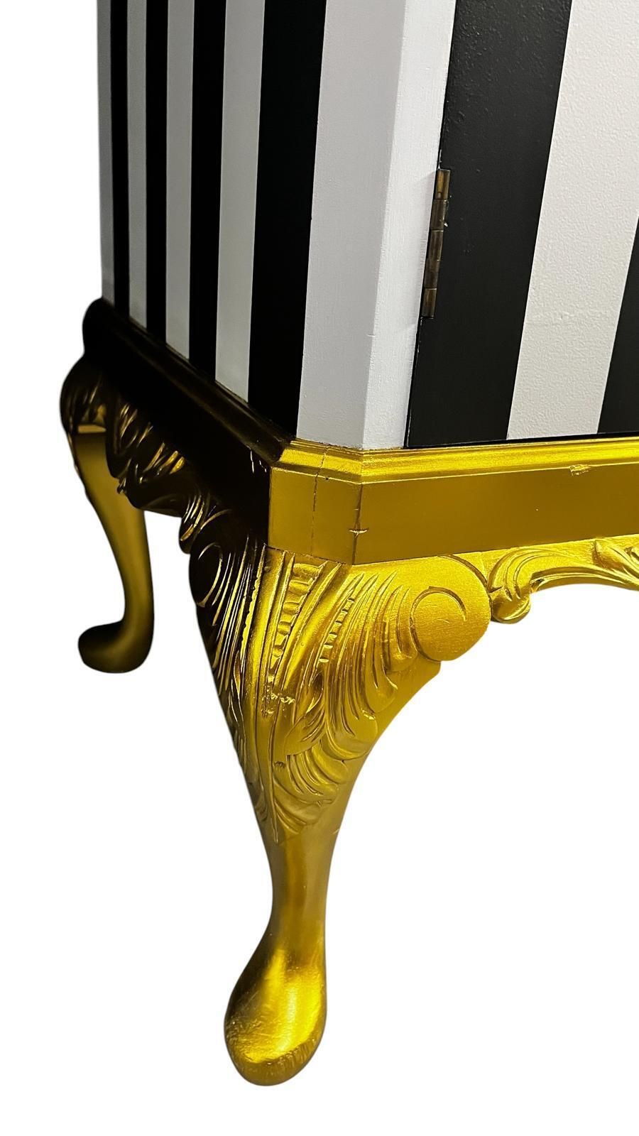 photo furniture Stunning Queen Anne Style Vintage Drinks Cabinet, Hand Painted Luxury Black And White Stripe Exterior, Gold Accents