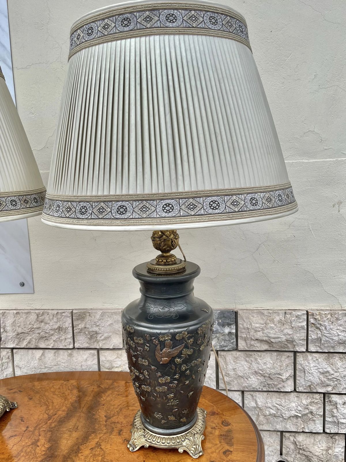 Pair Of Japanese Meiji Period Bronze Inlaid Table Lamps. photo furniture