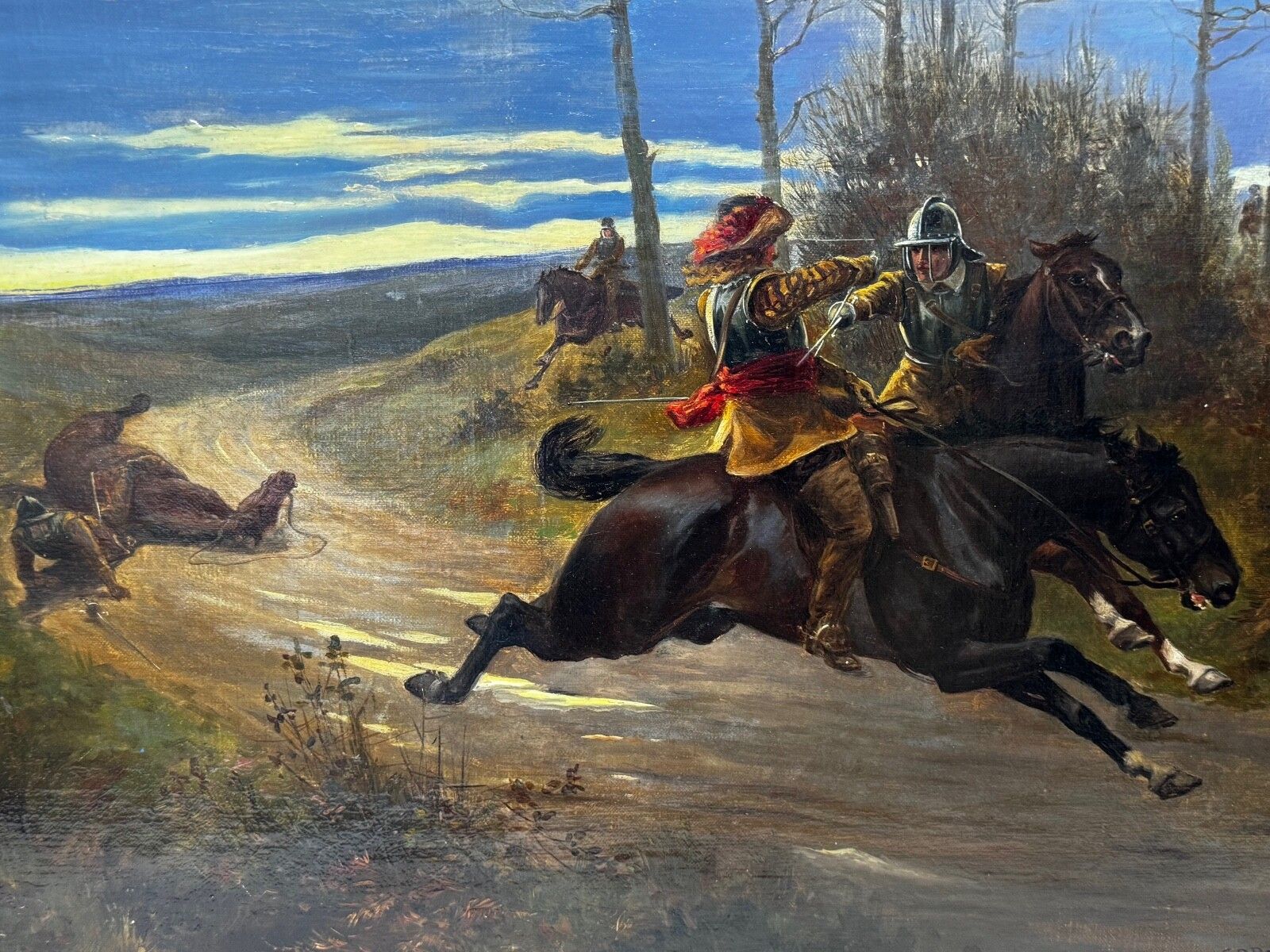 19th Century Oil Painting Civil War Royalist Pursued By Roundheads Escape From Worcester 1651 Gilt Framed photo furniture