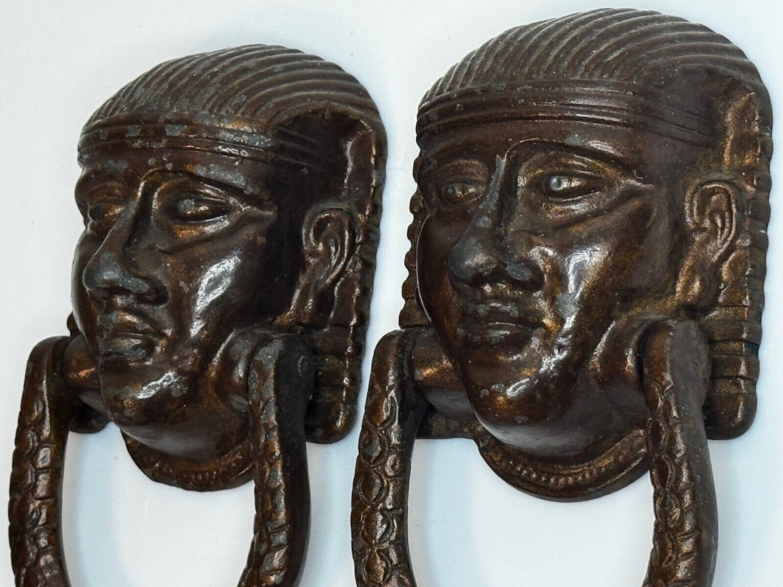 Pair Antique Neoclassical 19th Century Egyptian Sphinx Mask Bronze Door Knockers photo for sale