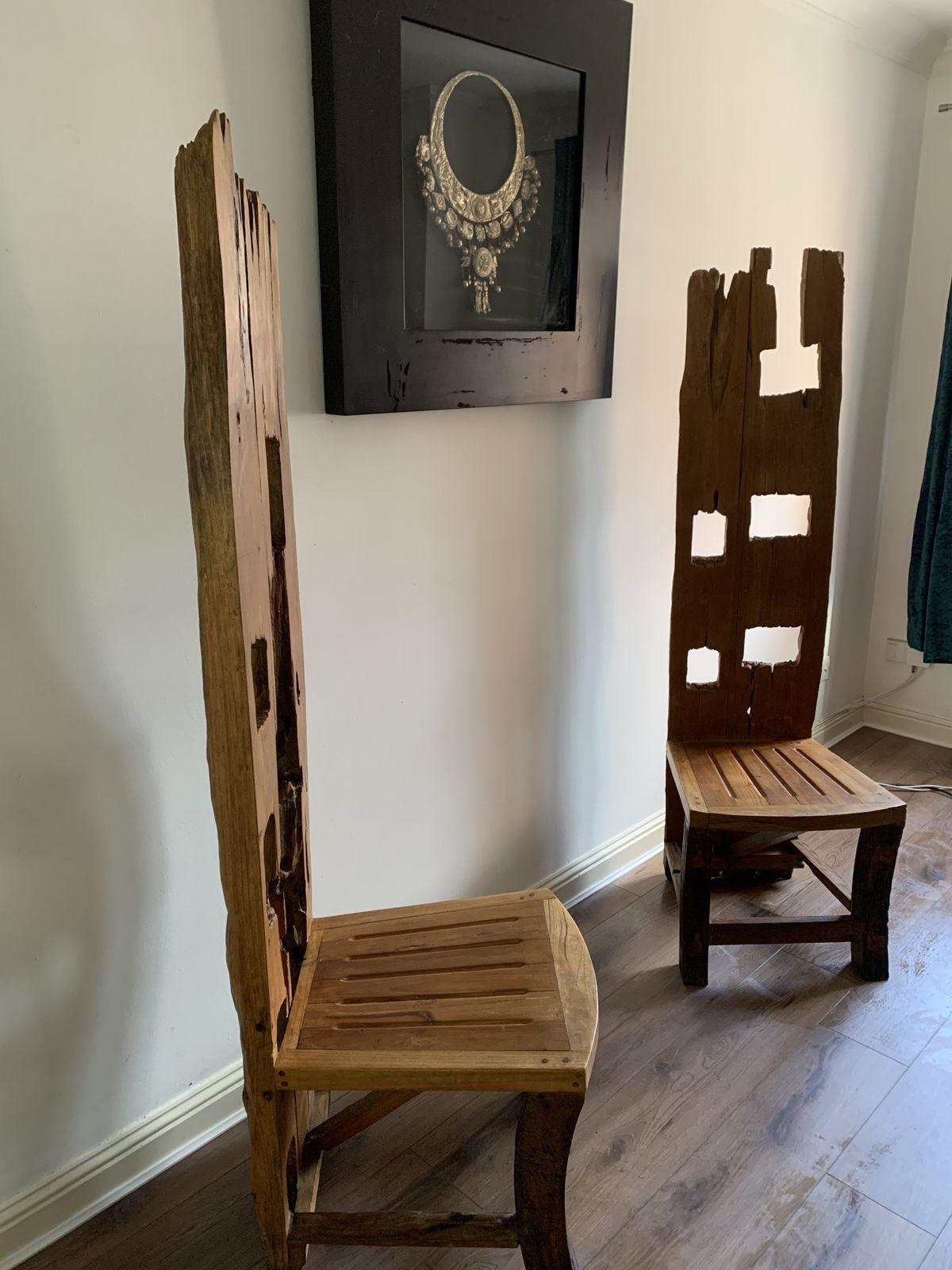 Vintage Balinese Teak Folk Art Chairs X2