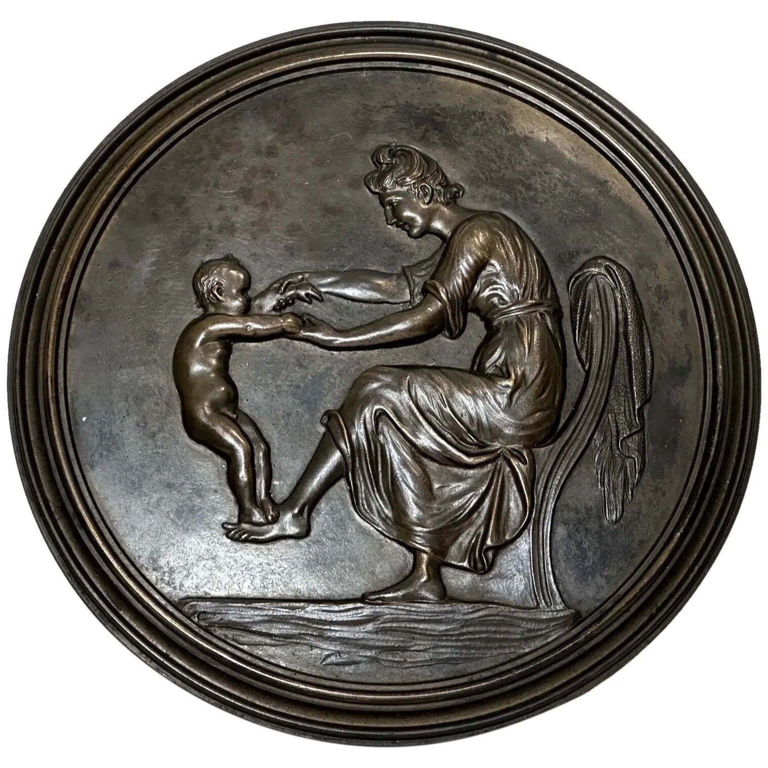 19th Century Coalbrookdale Bronze Circular Plaque Mother Holding Her Child