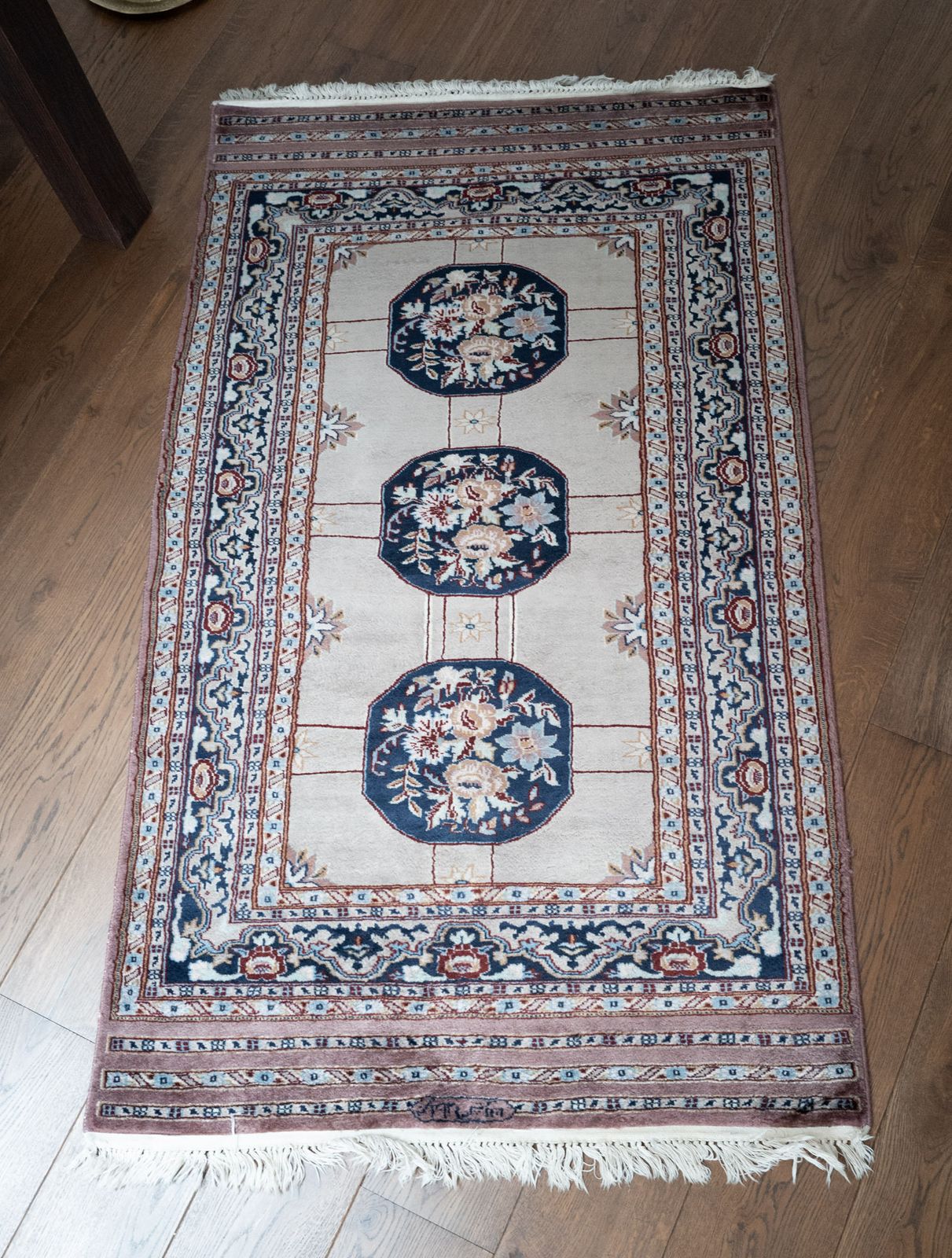 Fine Hand Knotted Ivory Wool Rug Triple Floral Medallion, 240 Kpsi photo furniture