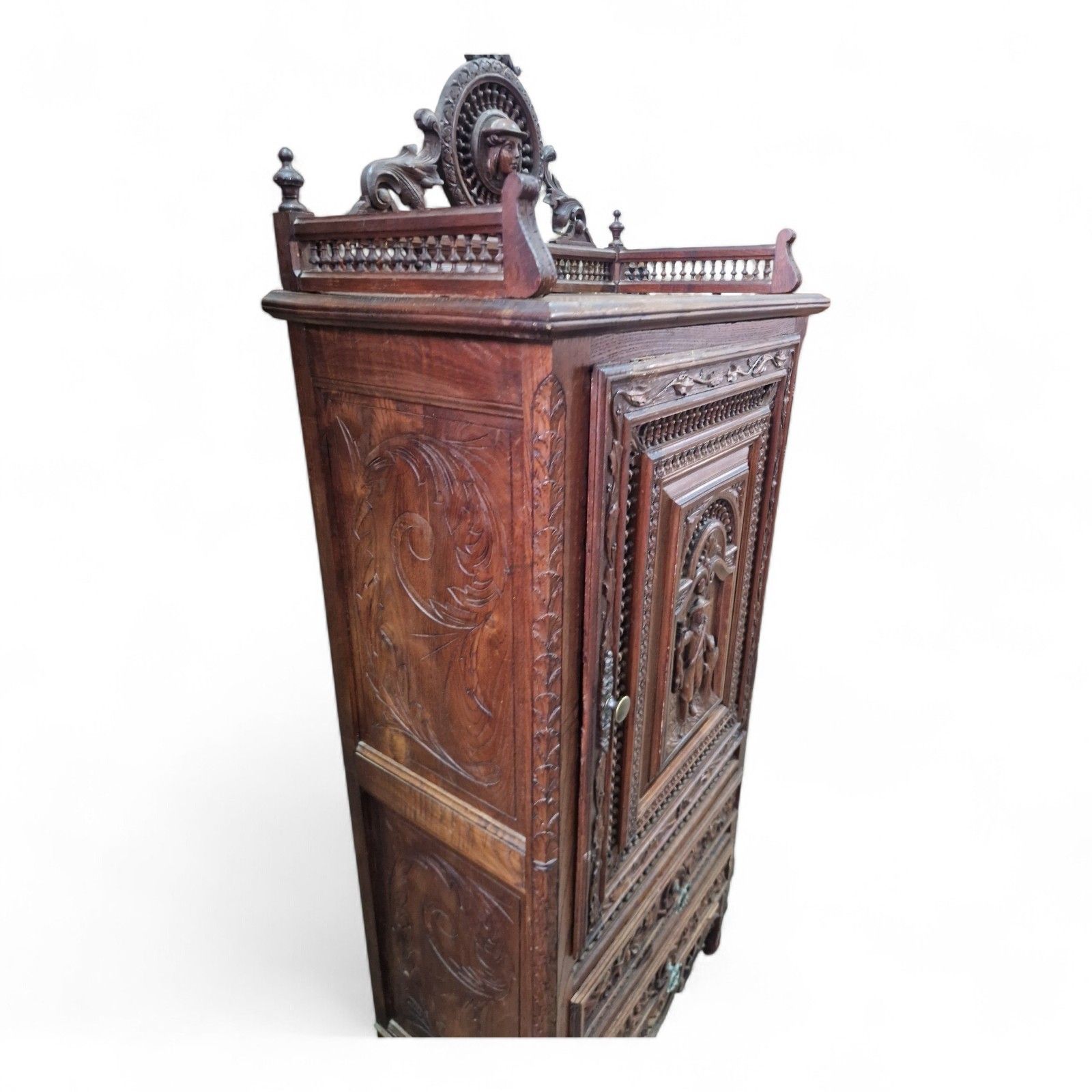 Antique Carved Oak Renaissance Revival Cabinet C.1880 Flemish Figural Panel Tall photo buy