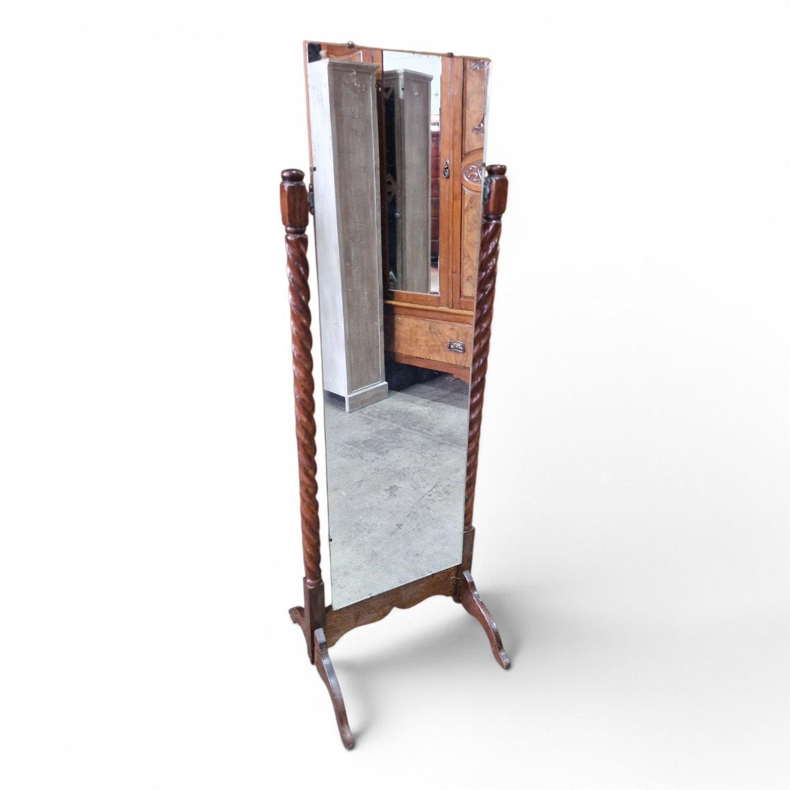 Vintage Cheval Mirror Barley Twist Stand Early 20th Century Tilting Mirror Oak photo furniture