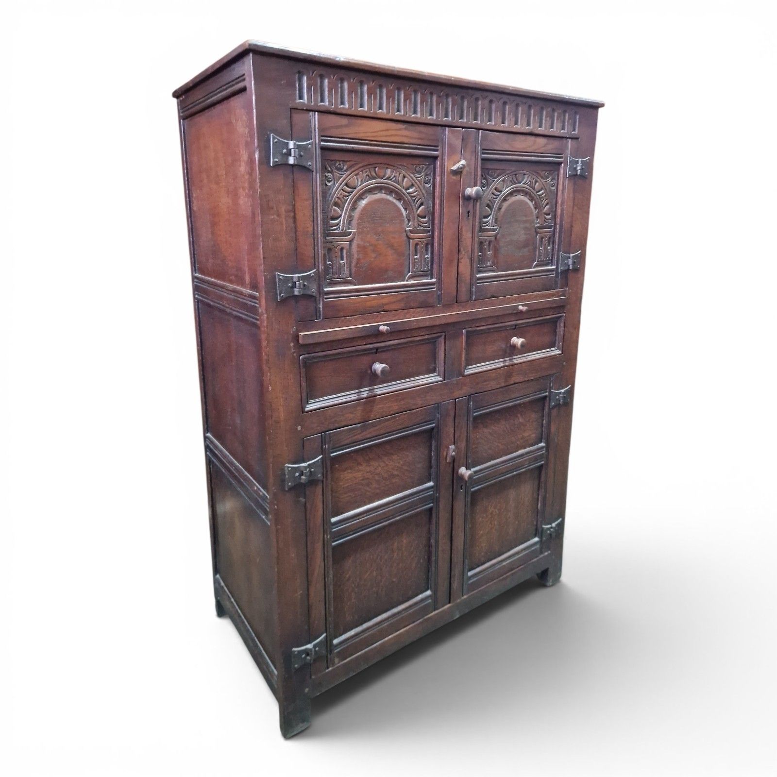 Carved Oak Drinks Cabinet Bar Cocktail Cupboard Drawers Slide Antique Style