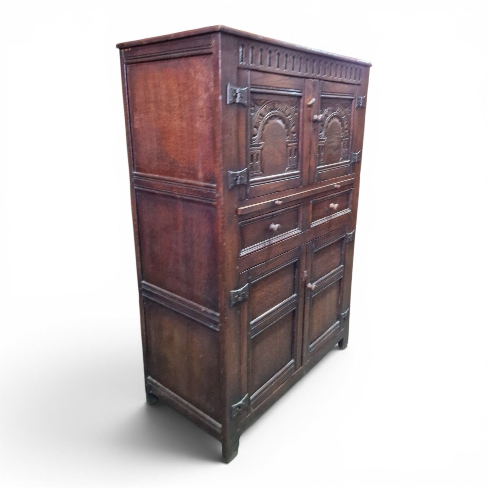 Carved Oak Drinks Cabinet Bar Cocktail Cupboard Drawers Slide Antique Style photo vinterior
