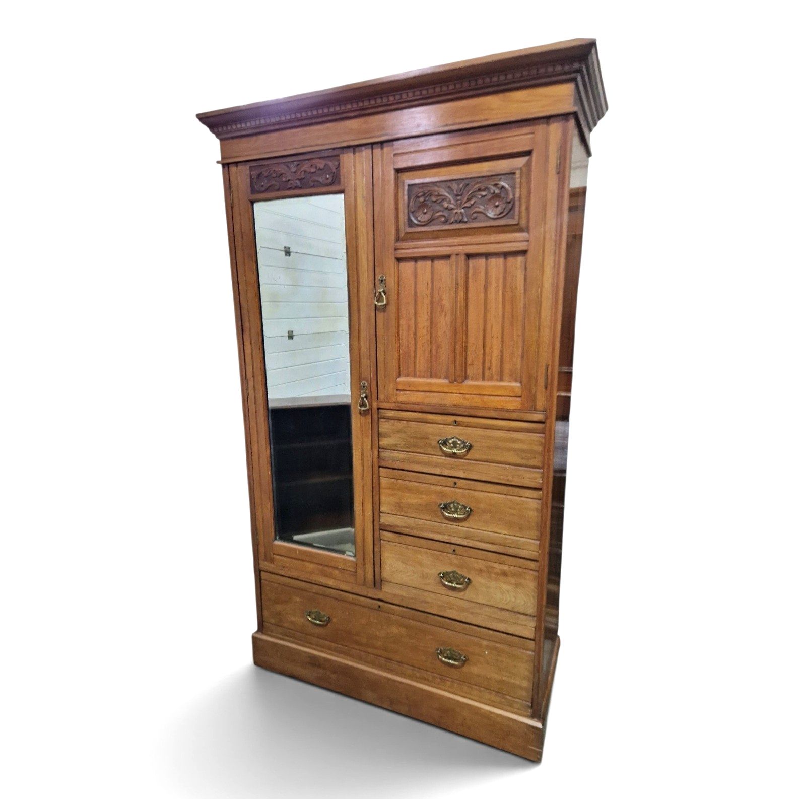 Antique Scottish Ash Wardrobe Mirror Door Antique Combination Armoire Victorian photo furniture
