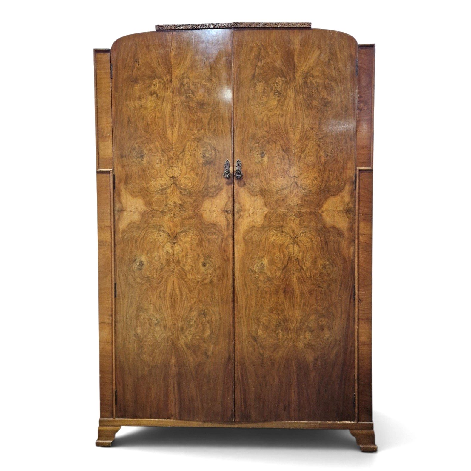 Art Deco Walnut Wardrobe Armoire Antique Vintage Figured Double Doors Carved
