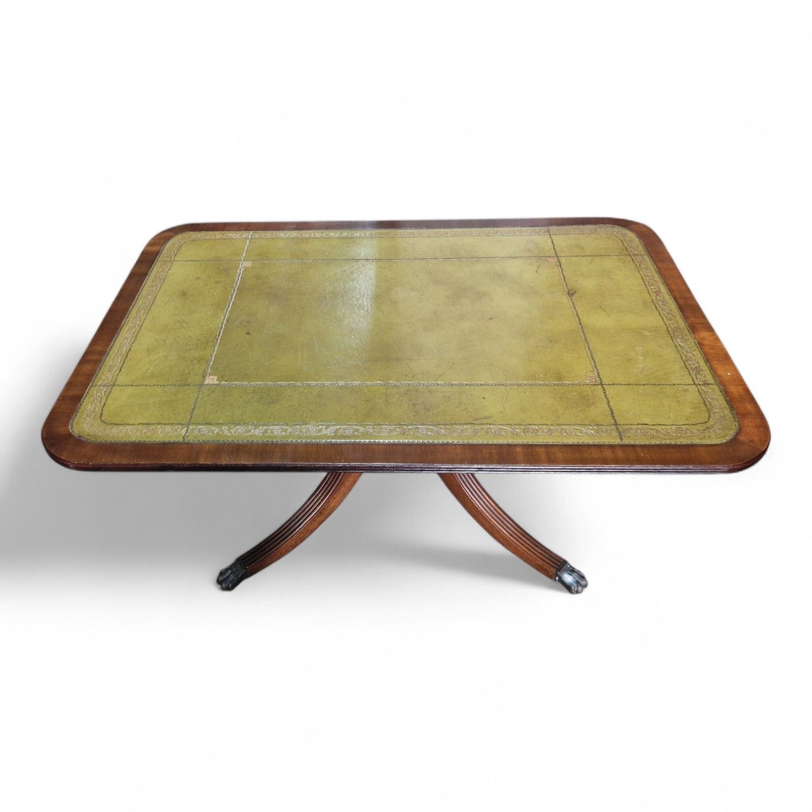 Antique Style Games Table Coffee Table Green Leather Top Paw Feet Castors Large photo furniture