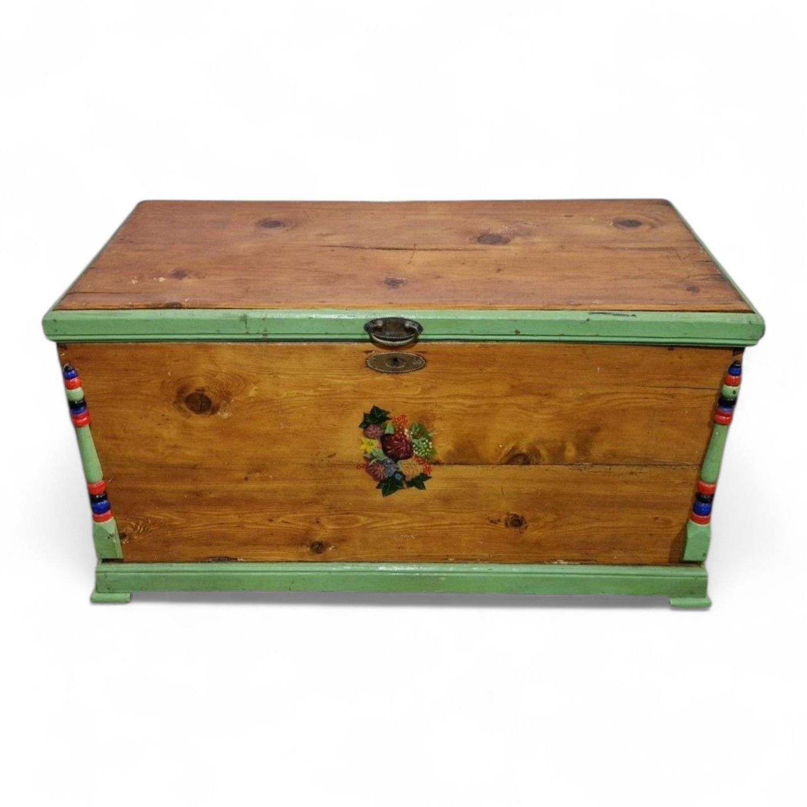 Pine Blanket Box Antique Wood Hand Painted Scandinavian Folk Art Storage Chest photo for sale