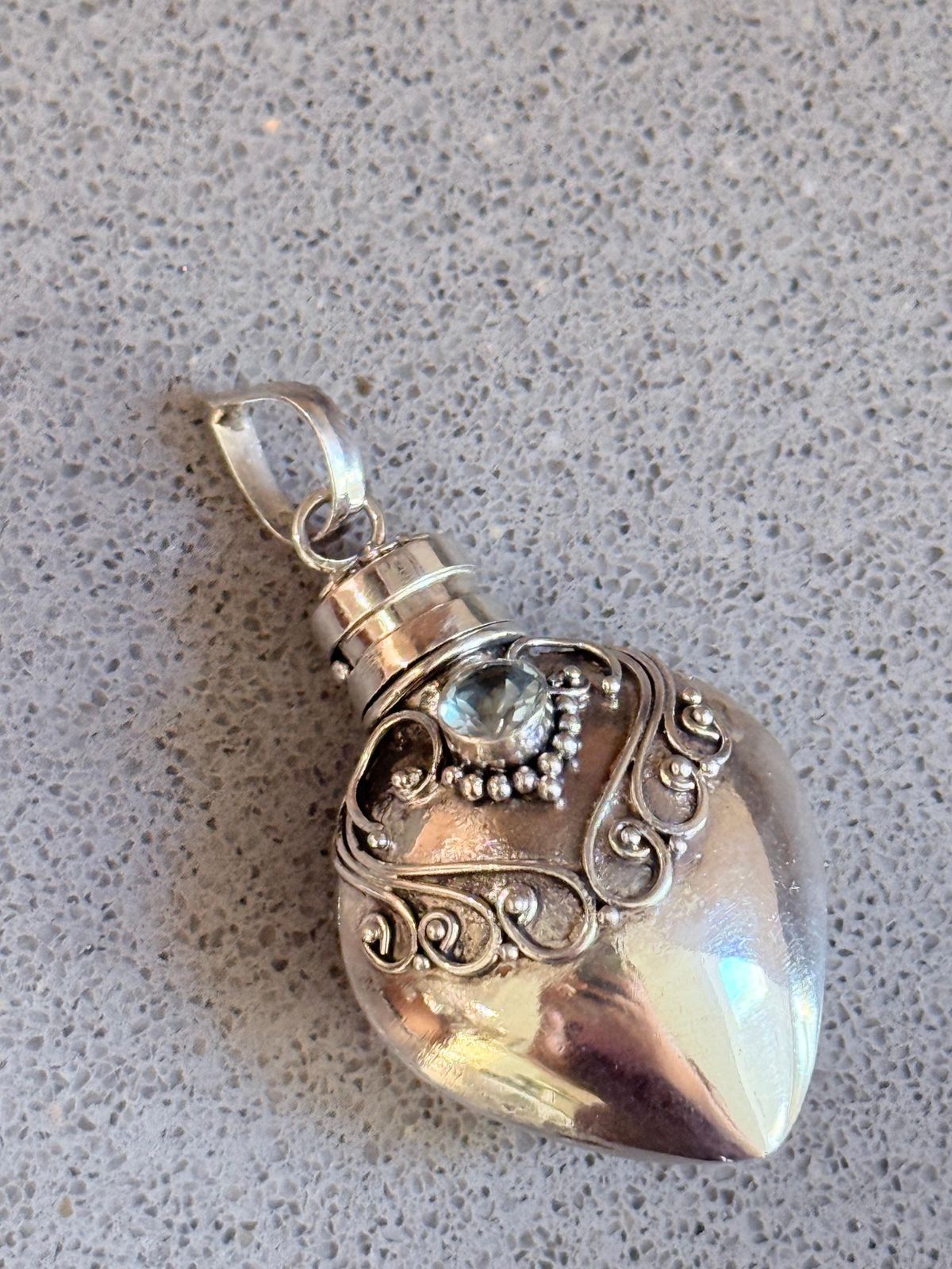 Vintage Sterling Silver Perfume Holder Pendant With Blue Stone, Ornate Filigree photo buy