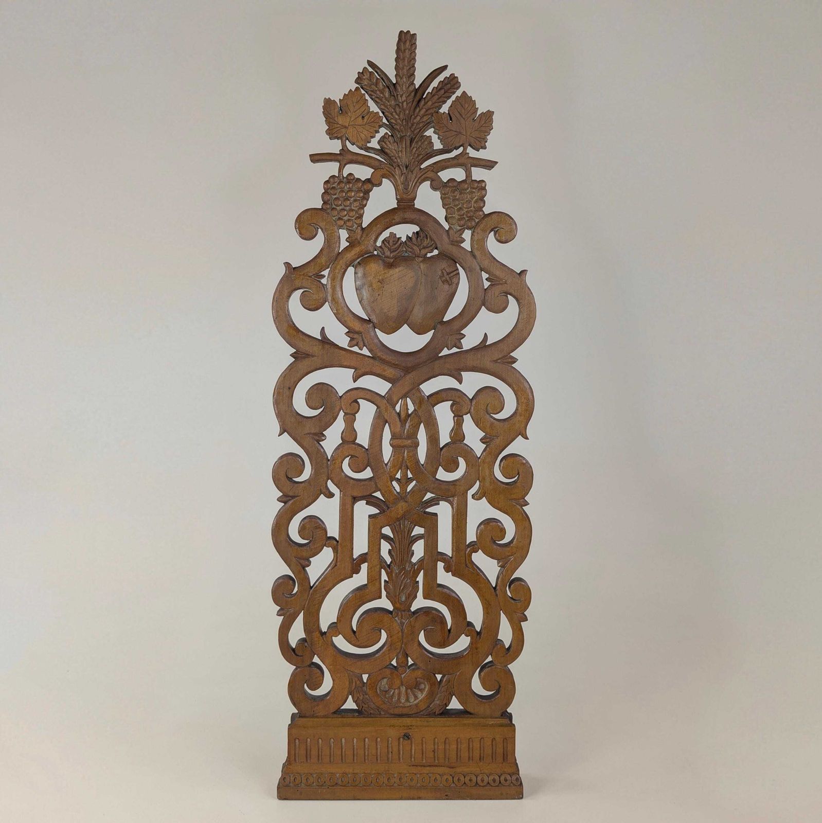 photo furniture Carved Wood Religious Altar Fragment, 19th Century French Catholic Church Pediment, Sacred Heart Eucharist Wheat Grapes Plaque