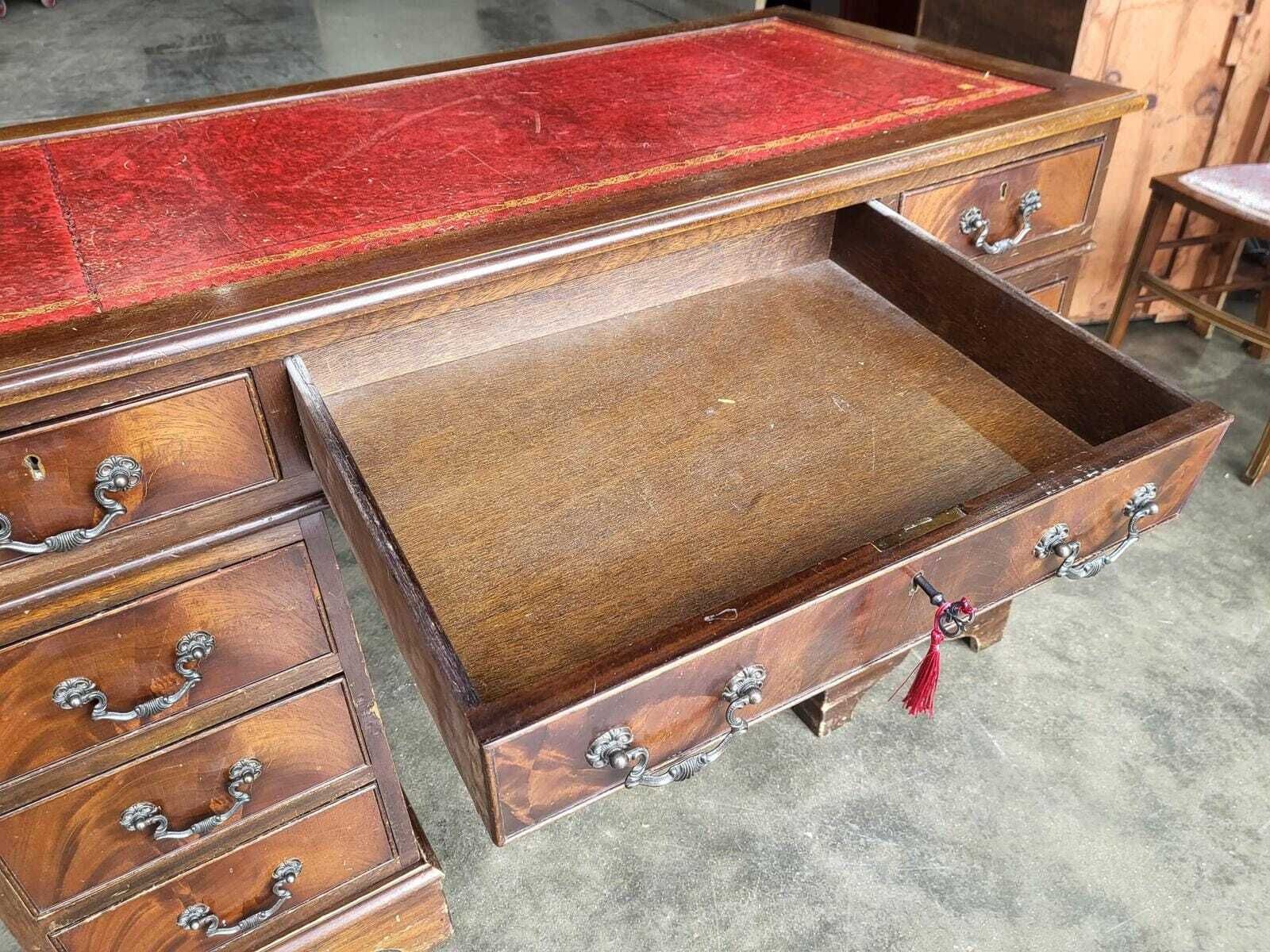 Antique Repro Shabby Small Twin Pedestal Desk Leather Top photo for sale