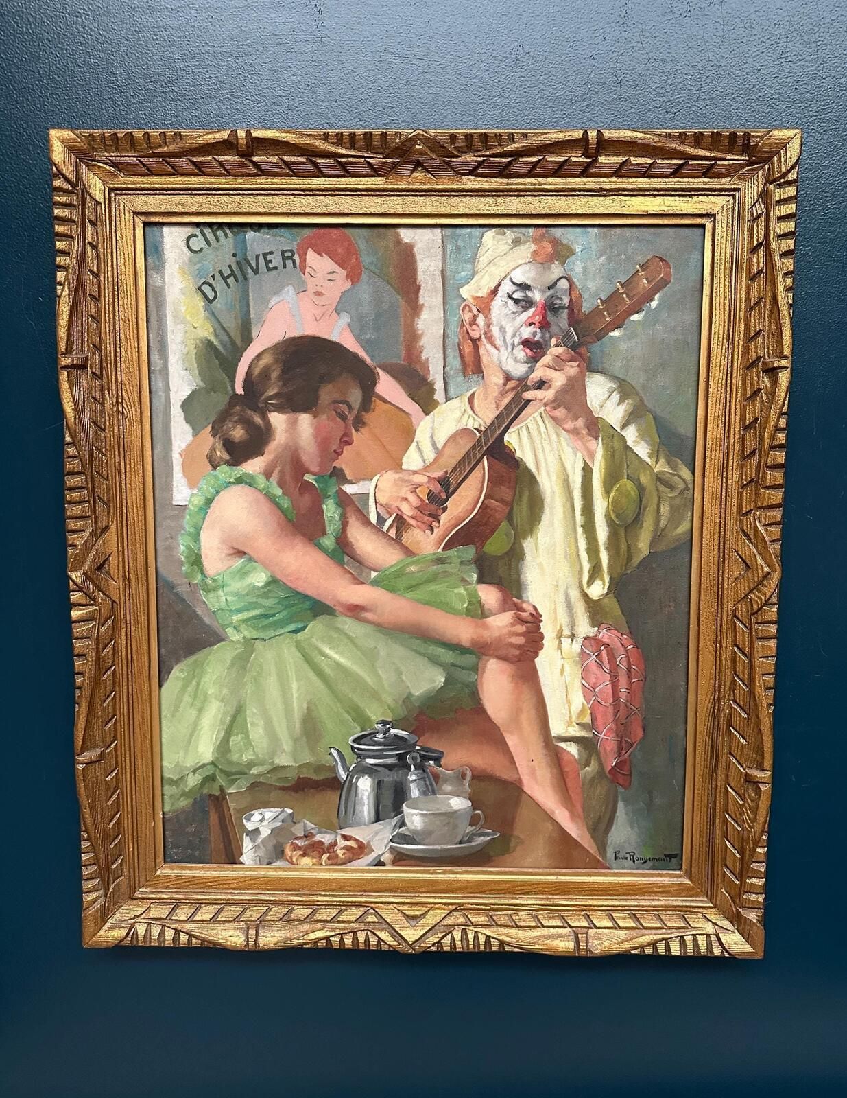 Original Early Century French Oil On Canvas – “Woman And Clown” By Philippe De Rougemont – Vintage & Framed – 82 × 70 Cm (32.3" × 27.6" photo Art