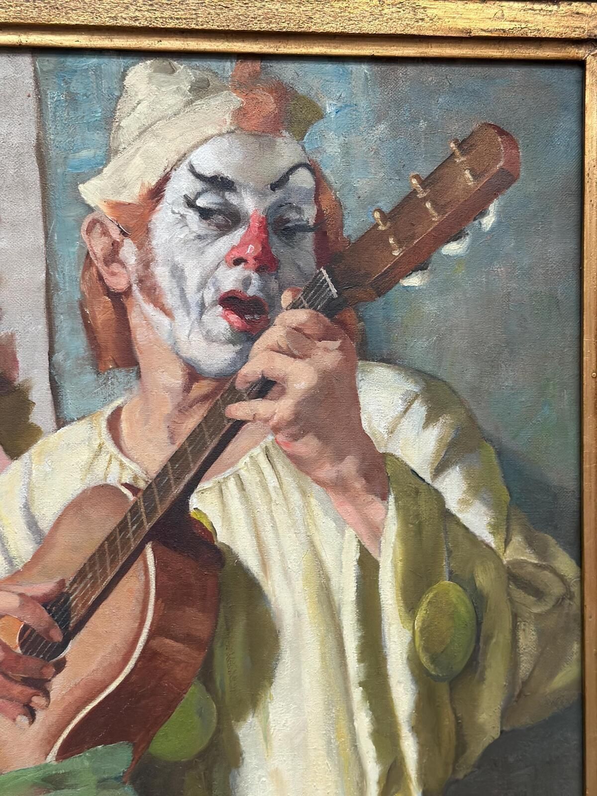 photo furniture Original Early Century French Oil On Canvas – “Woman And Clown” By Philippe De Rougemont – Vintage & Framed – 82 × 70 Cm (32.3" × 27.6"