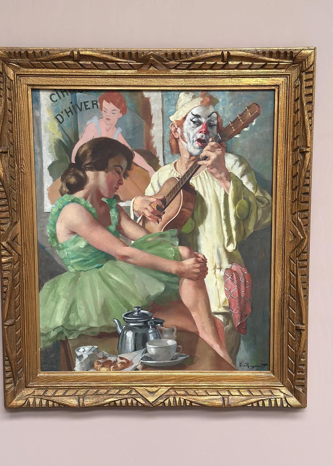 photo vinterior Original Early Century French Oil On Canvas – “Woman And Clown” By Philippe De Rougemont – Vintage & Framed – 82 × 70 Cm (32.3" × 27.6"