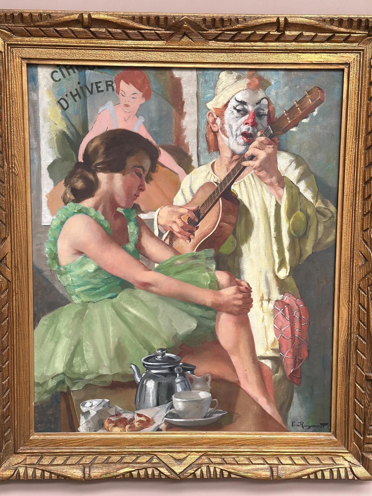 photo vintage Original Early Century French Oil On Canvas – “Woman And Clown” By Philippe De Rougemont – Vintage & Framed – 82 × 70 Cm (32.3" × 27.6"