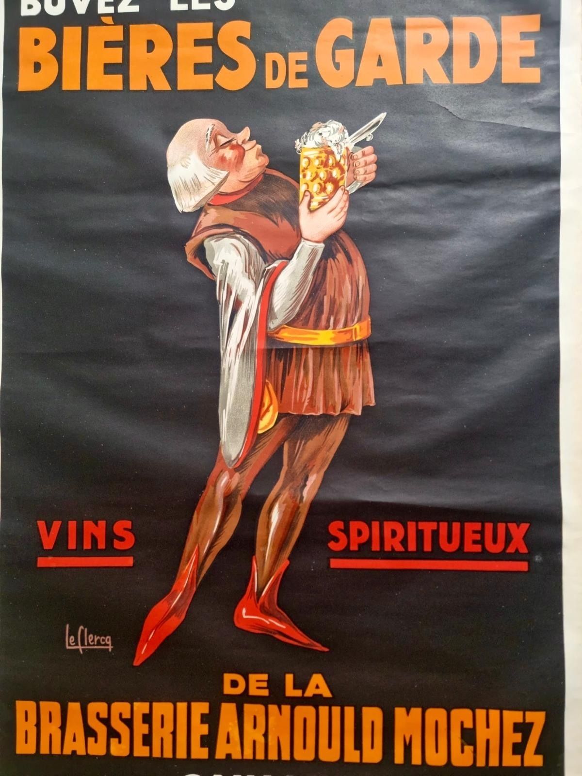 Original 1930s French Beer Advertising Poster, Le Clercq – Brasserie Arnould Mochez photo for sale