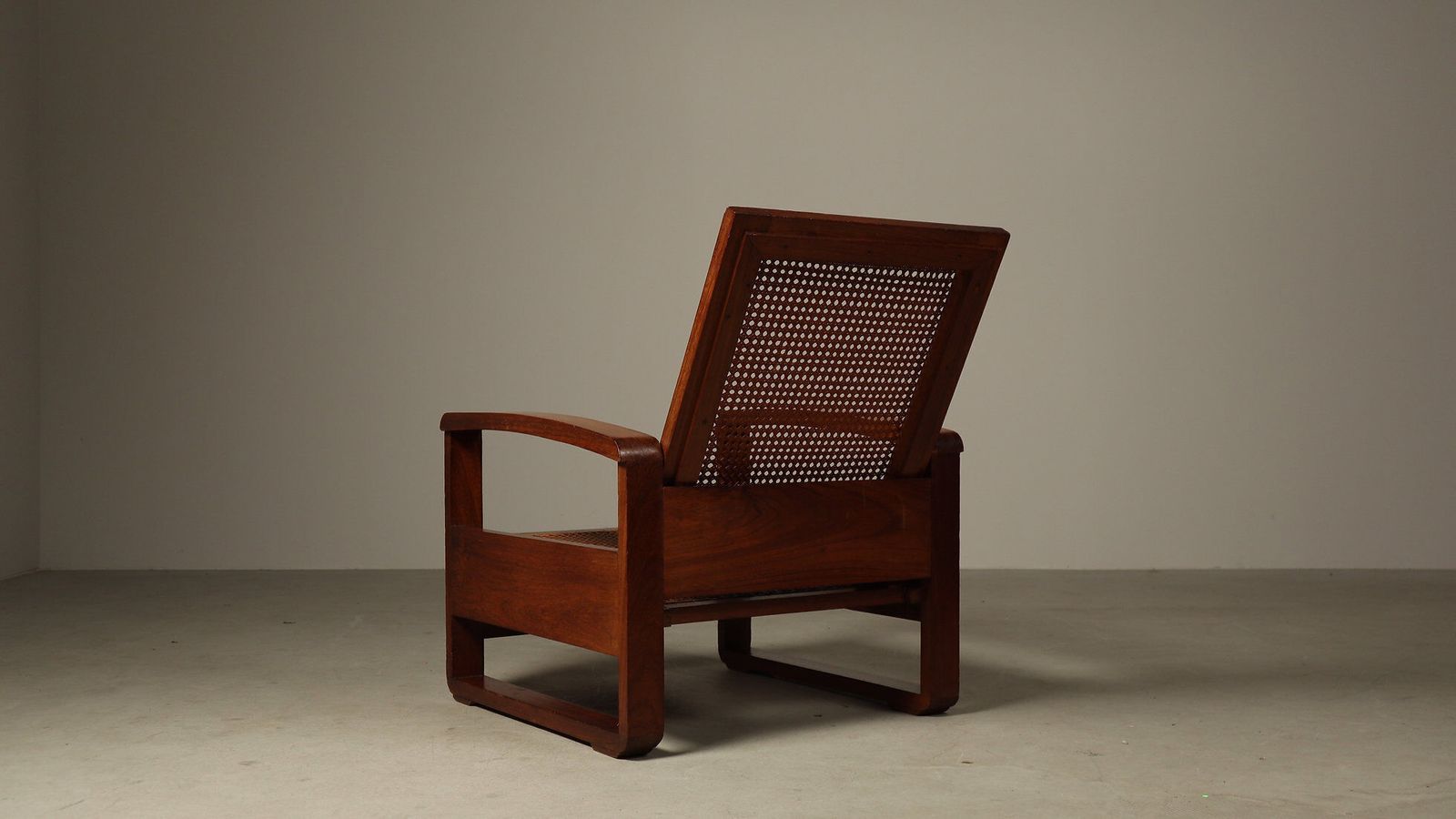 photo for sale Mid Century Architectural Teak Lounge Chair With Cane Seat, 1950s