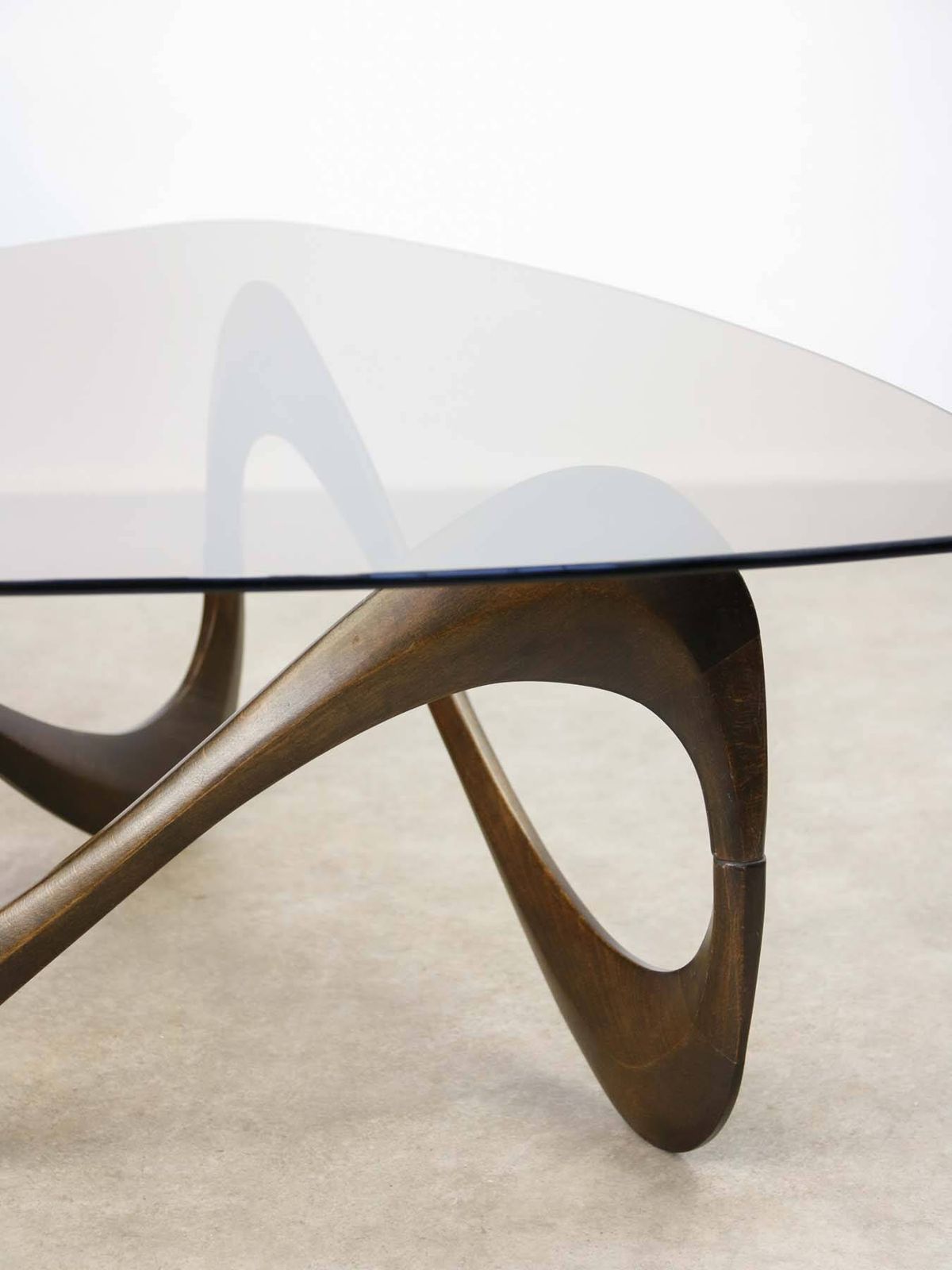 Italian Organic "Snake" Wooden And Smoked Glass Coffee Table, 1960s photo for sale