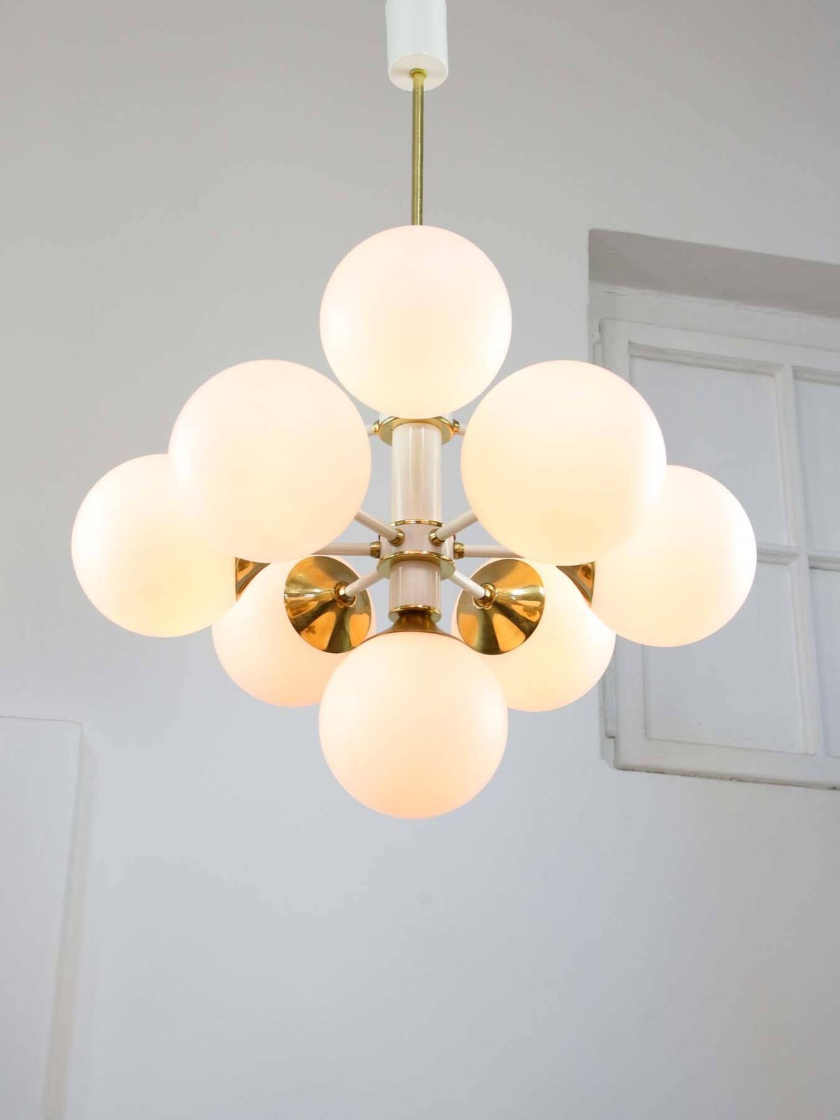 Vintage Italian Brass And Opaline 10 Arm Sputnik Chandelier, 1970s photo vintage