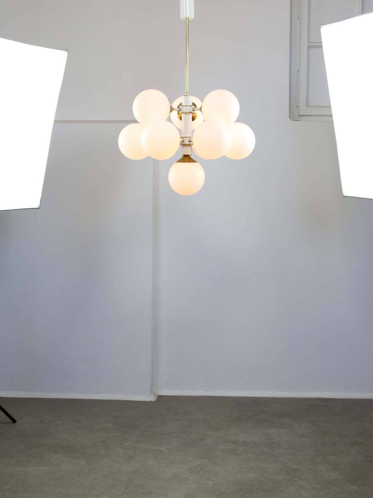 Lighting Vintage Italian Brass And Opaline 10 Arm Sputnik Chandelier, 1970s photo