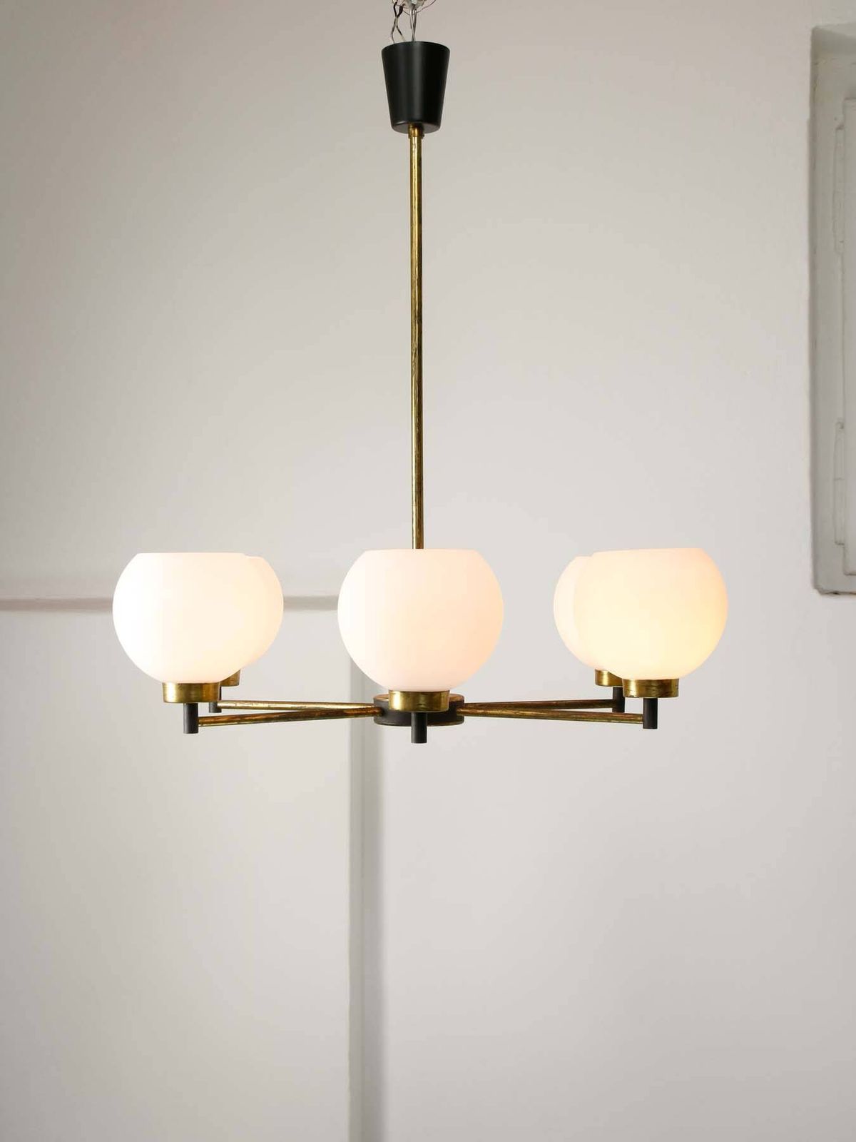 Lighting Mid Century Italian Brass And Opaline Chandelier photo