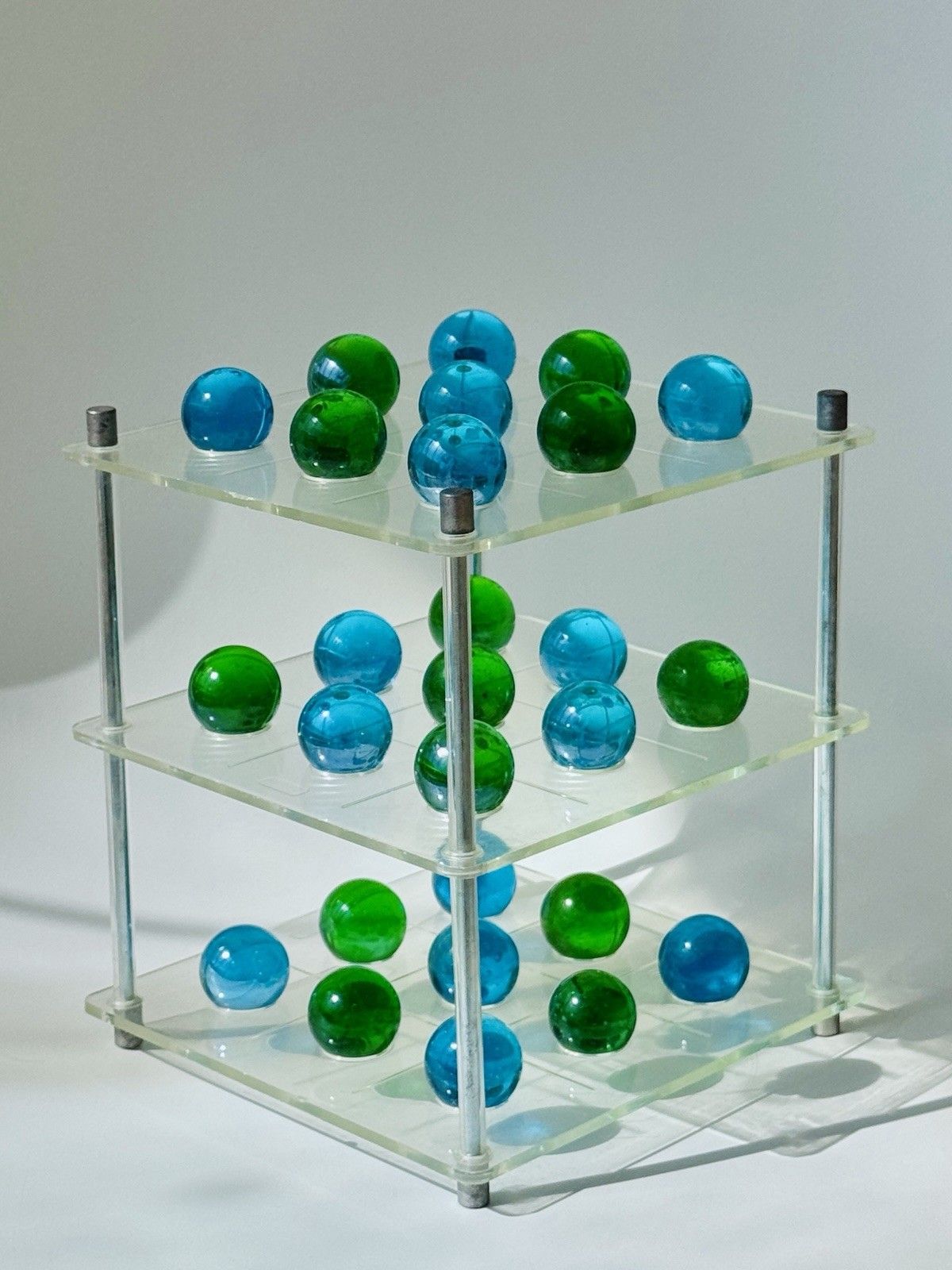 1970's 3d Lucite Tri Tac Toe Game With Blue & Green Glass Marbles photo furniture
