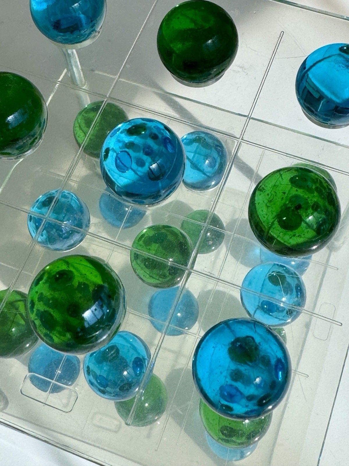 1970's 3d Lucite Tri Tac Toe Game With Blue & Green Glass Marbles photo Home Decor