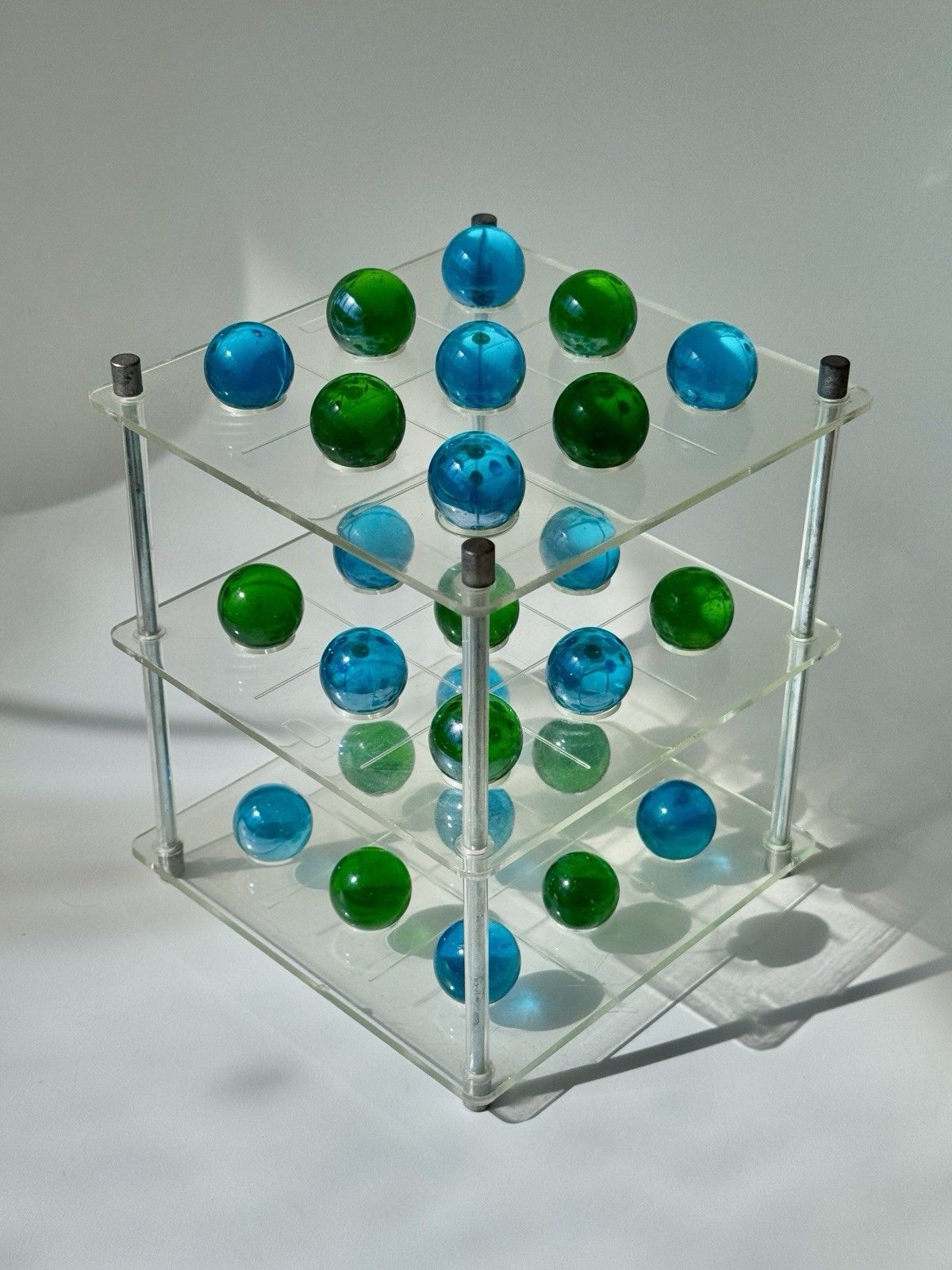 1970's 3d Lucite Tri Tac Toe Game With Blue & Green Glass Marbles photo buy