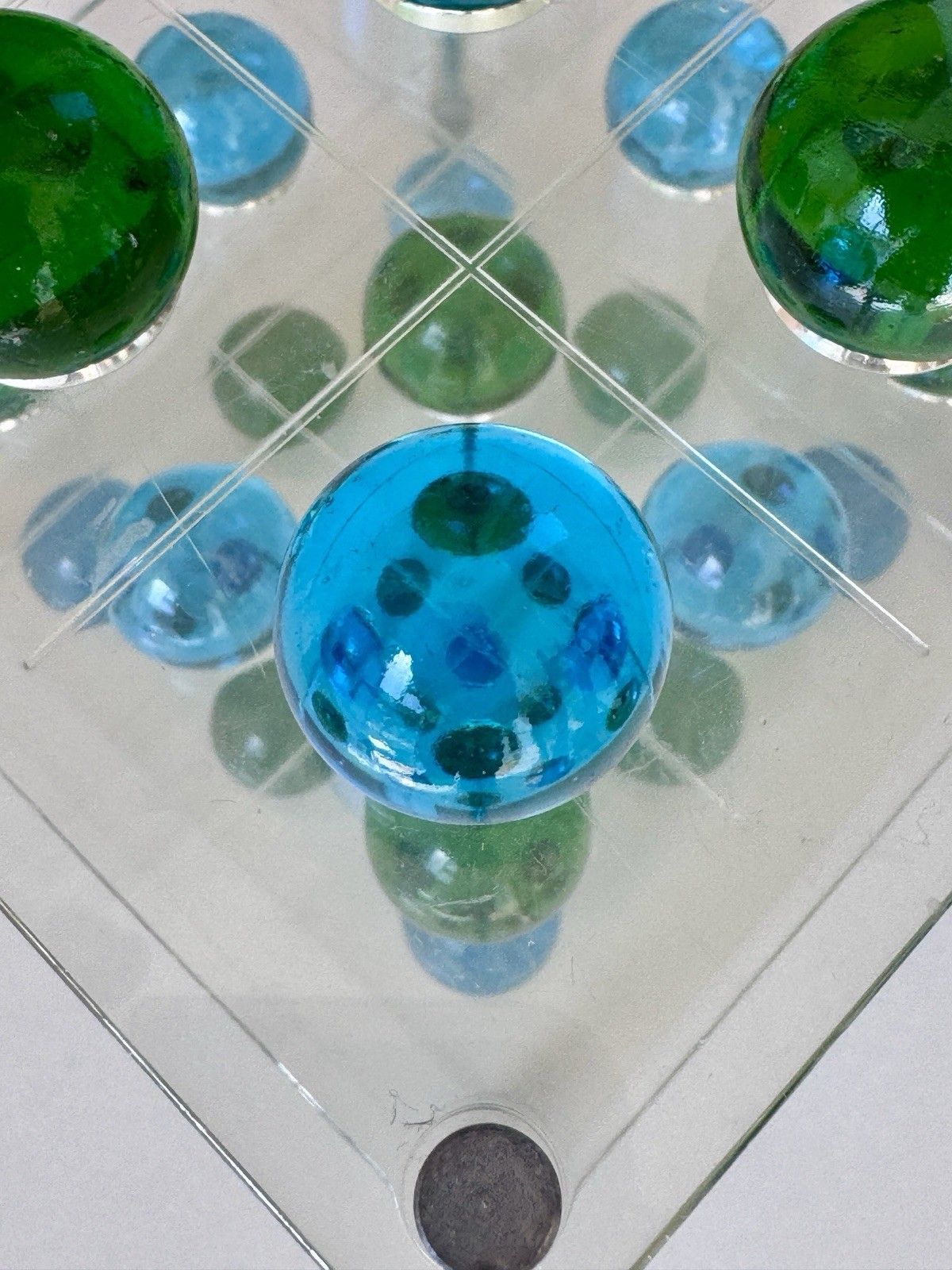 photo vintage 1970's 3d Lucite Tri Tac Toe Game With Blue & Green Glass Marbles
