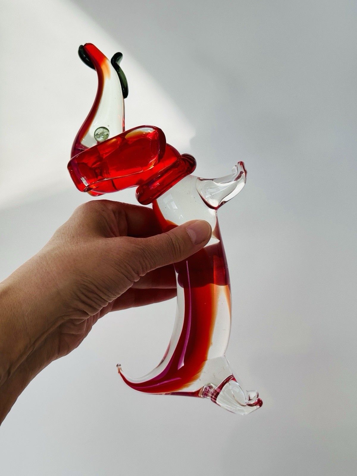 Art Vintage Murano Dachshund Dog Sculpture In Red & Clear Sommerso Glass photo