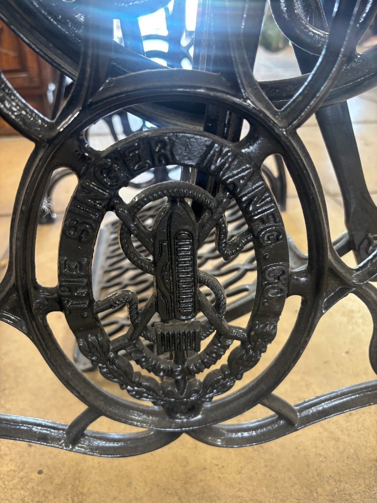 75.0 Antique Cast Iron Singer Sewing Machine Base With Glass Top Table photo