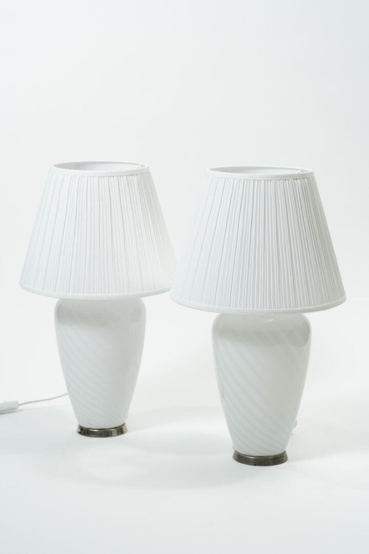 Pair Of White Murano Glass Table Lamps With Pleated Textile Shades photo furniture